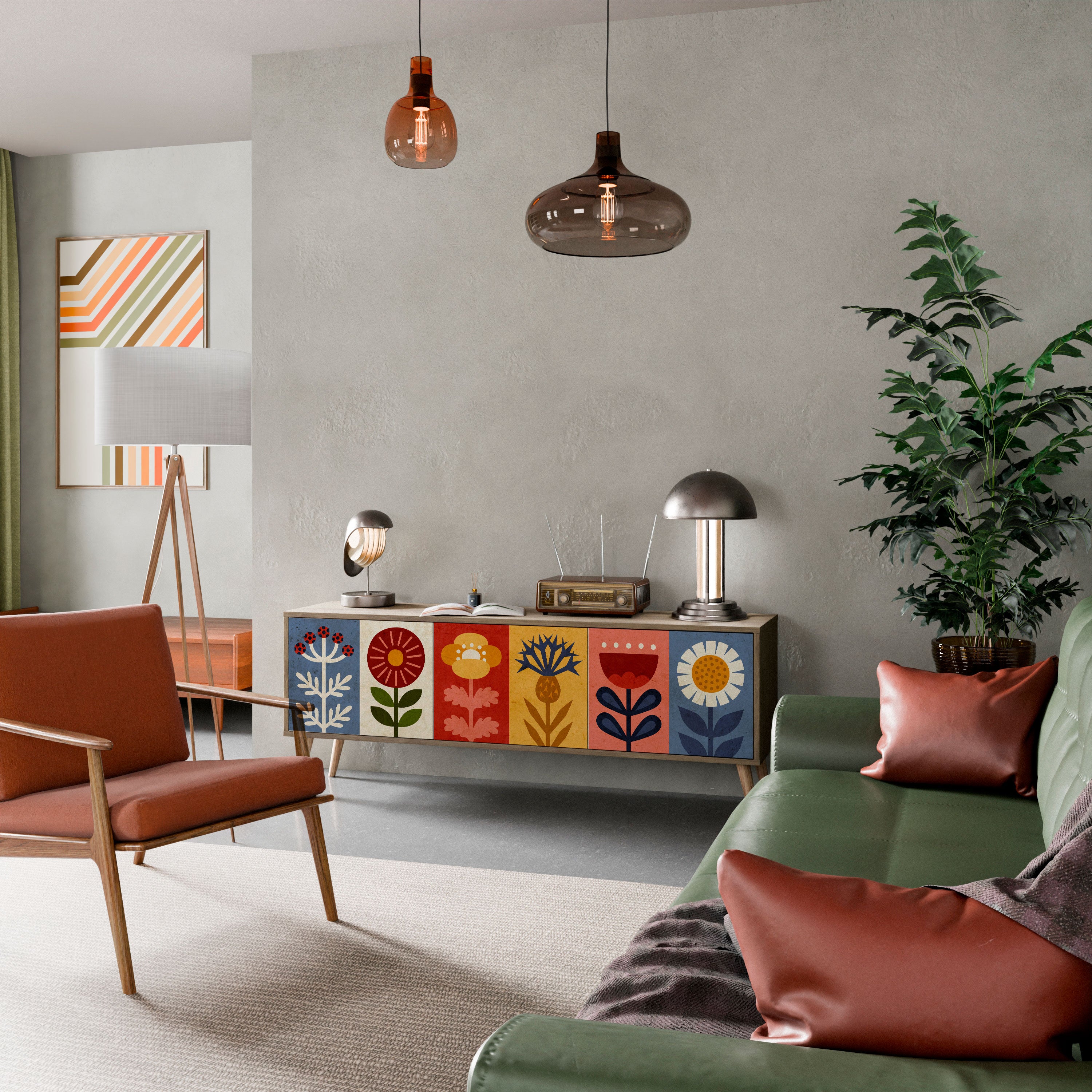 Mueble de TV SCANDIC FLOWERET de 3 puertas con efecto roble