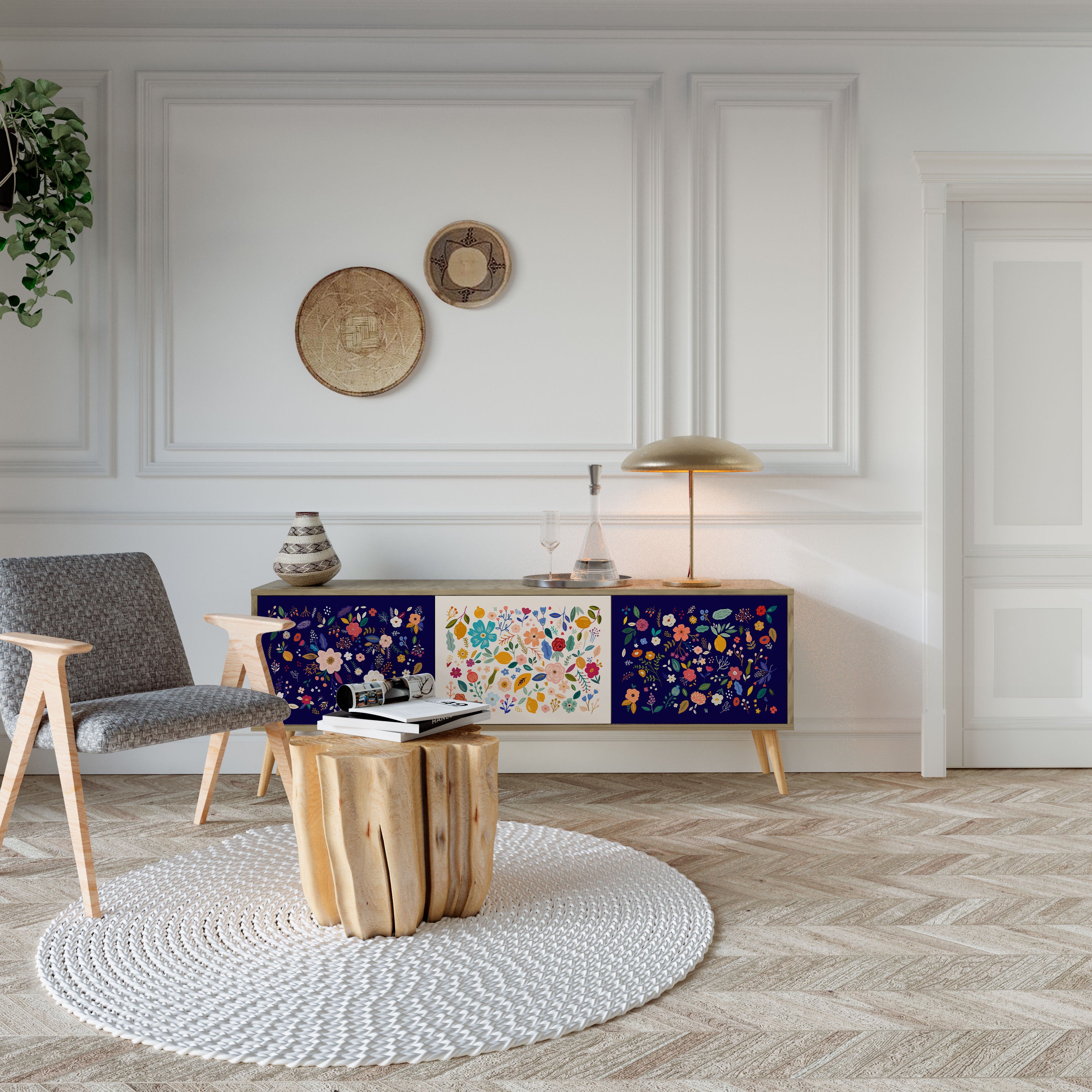 Mueble de TV de 3 puertas con efecto roble COMBINACIÓN FLORAL