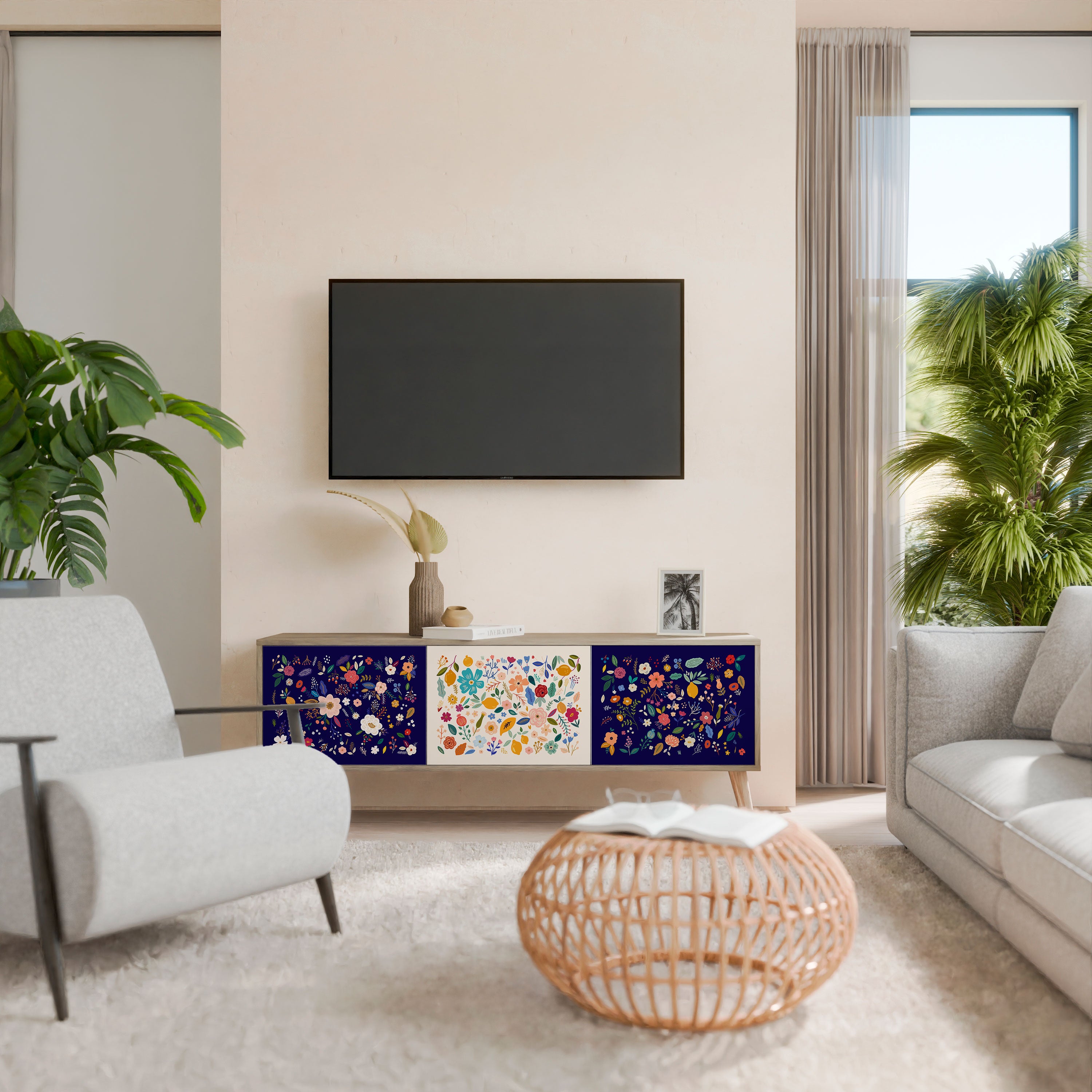 Mueble de TV de 3 puertas con efecto roble COMBINACIÓN FLORAL
