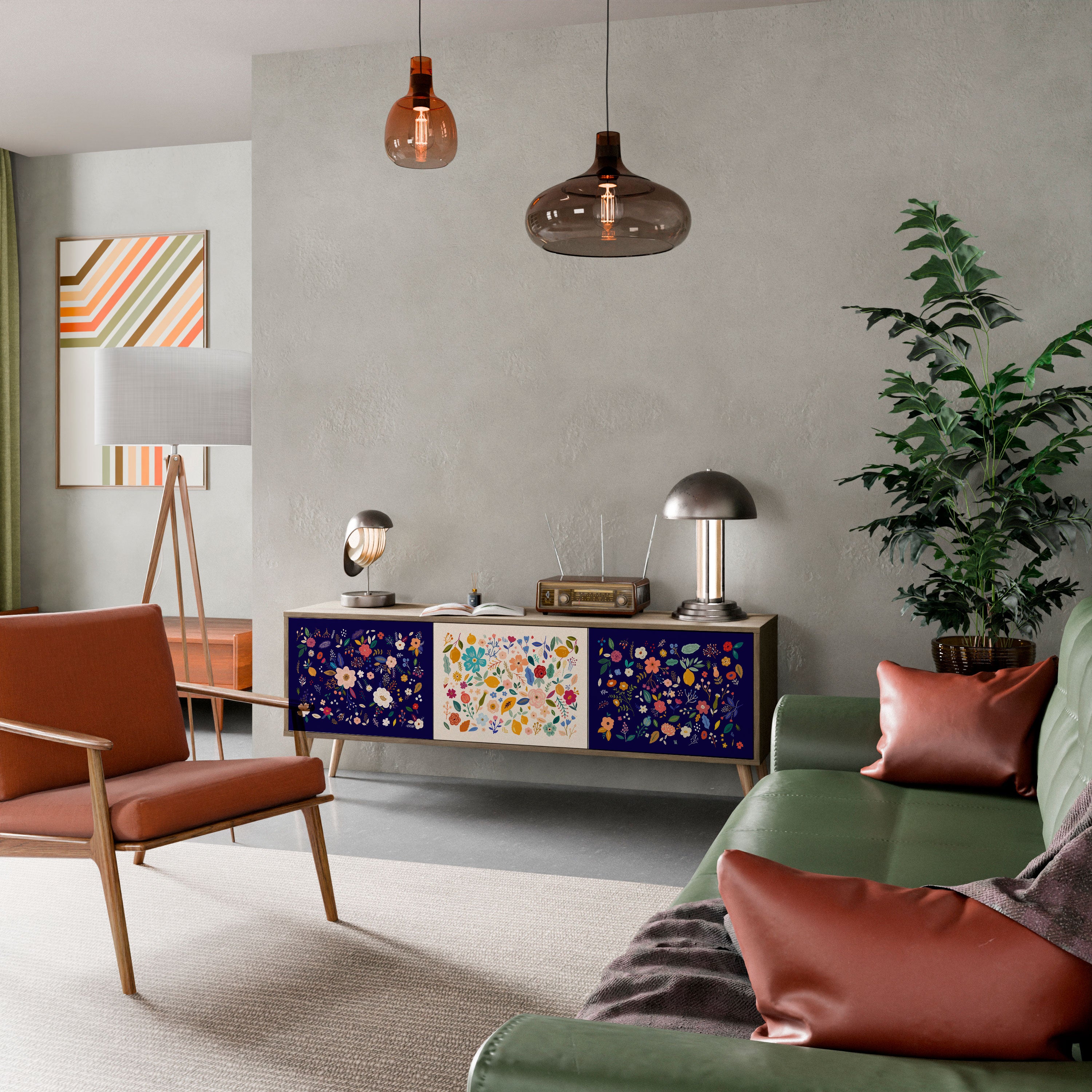 Mueble de TV de 3 puertas con efecto roble COMBINACIÓN FLORAL