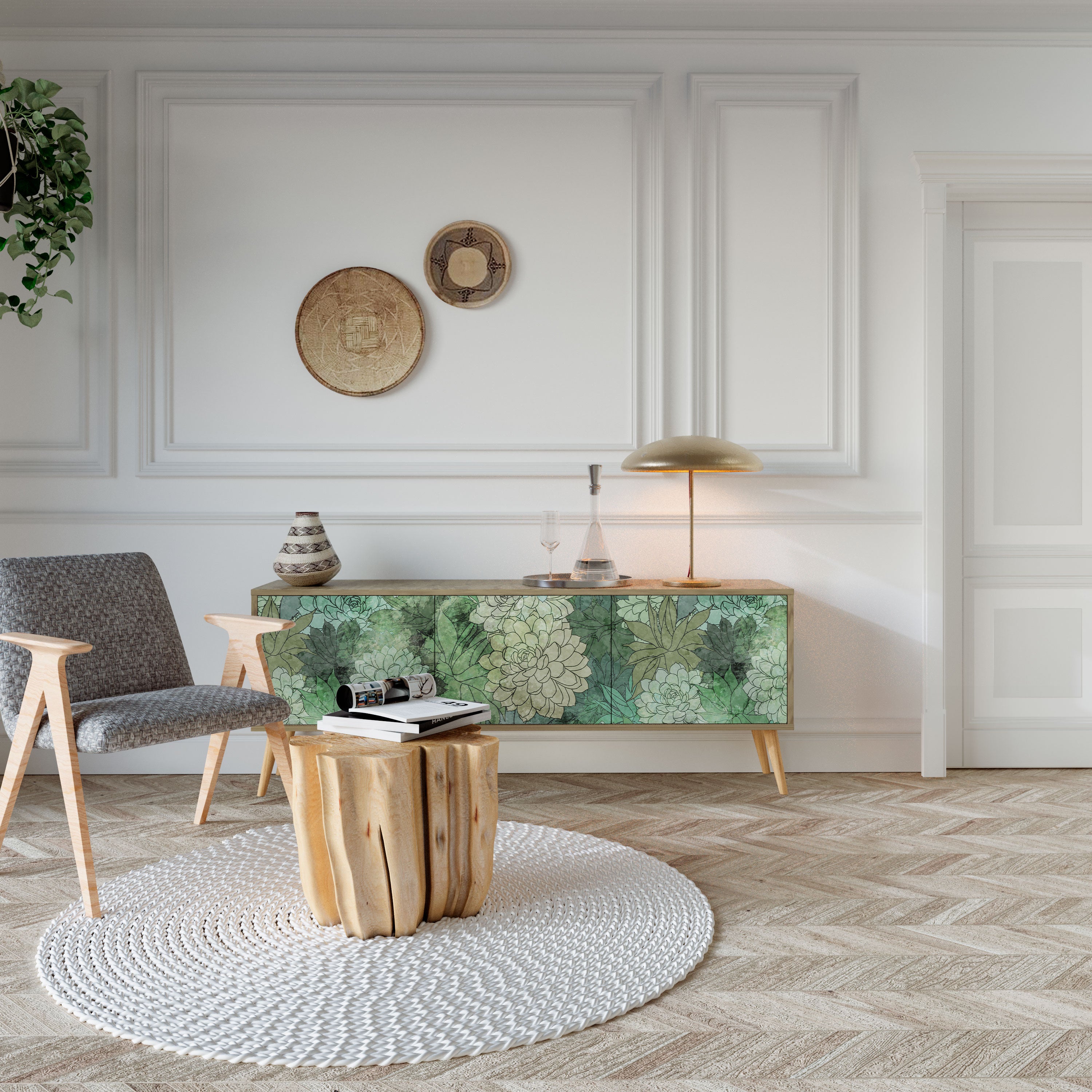 Mueble de TV de 3 puertas SUCCULENT CLUSTER con efecto roble