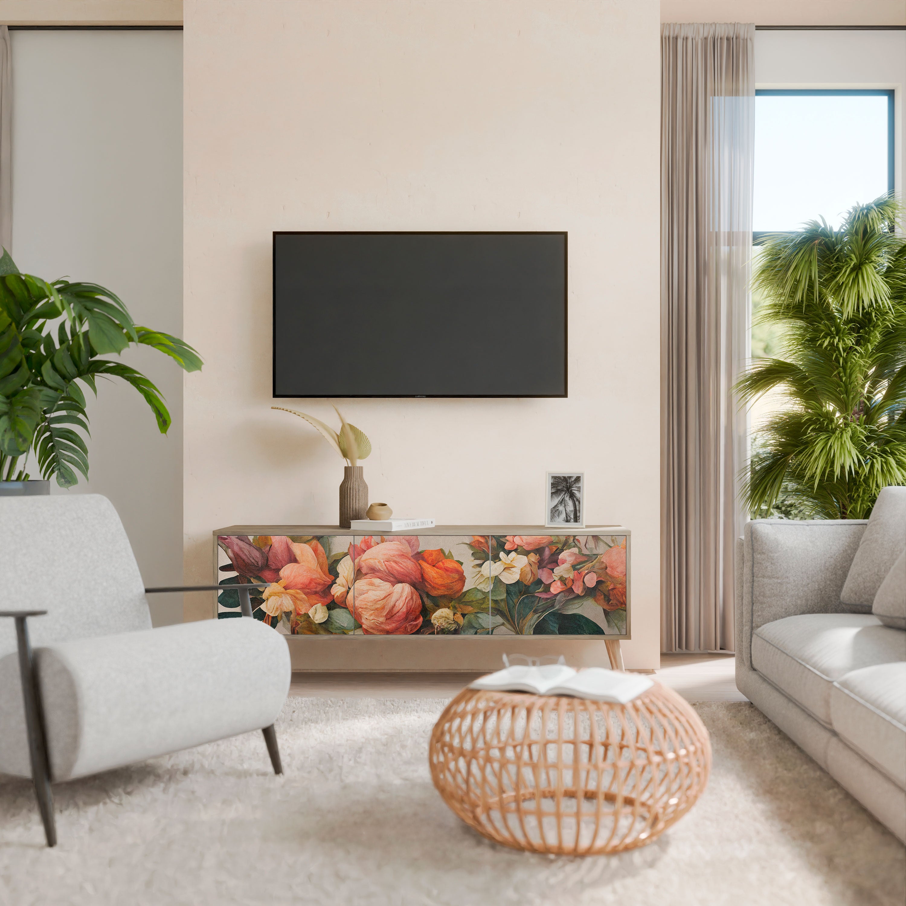 Mueble de TV de 3 puertas STYLISH BEAUTY con efecto roble
