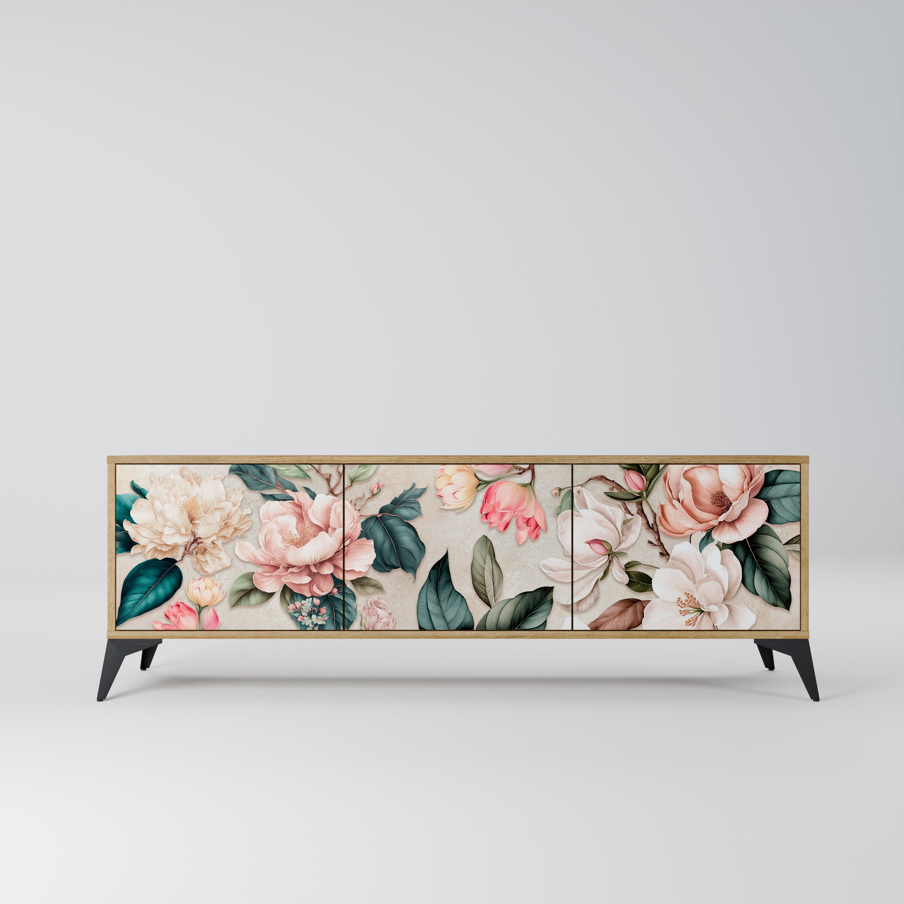 Mueble de TV de 3 puertas FLORAL GRACE con efecto roble