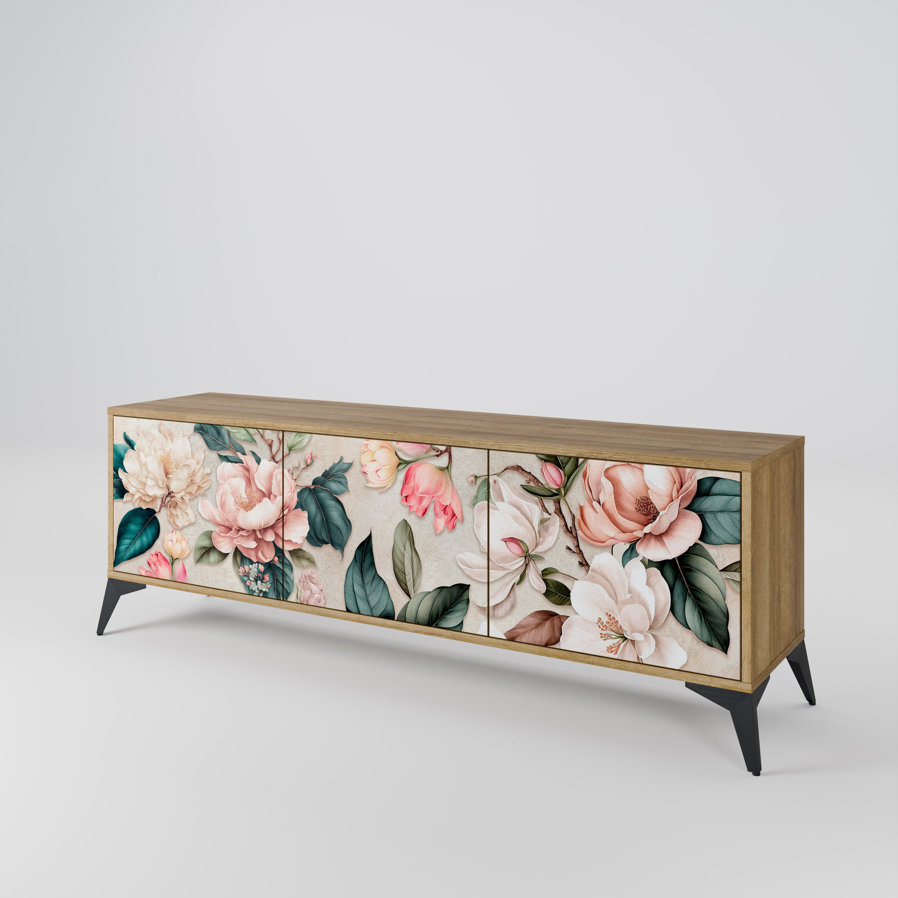 Mueble de TV de 3 puertas FLORAL GRACE con efecto roble