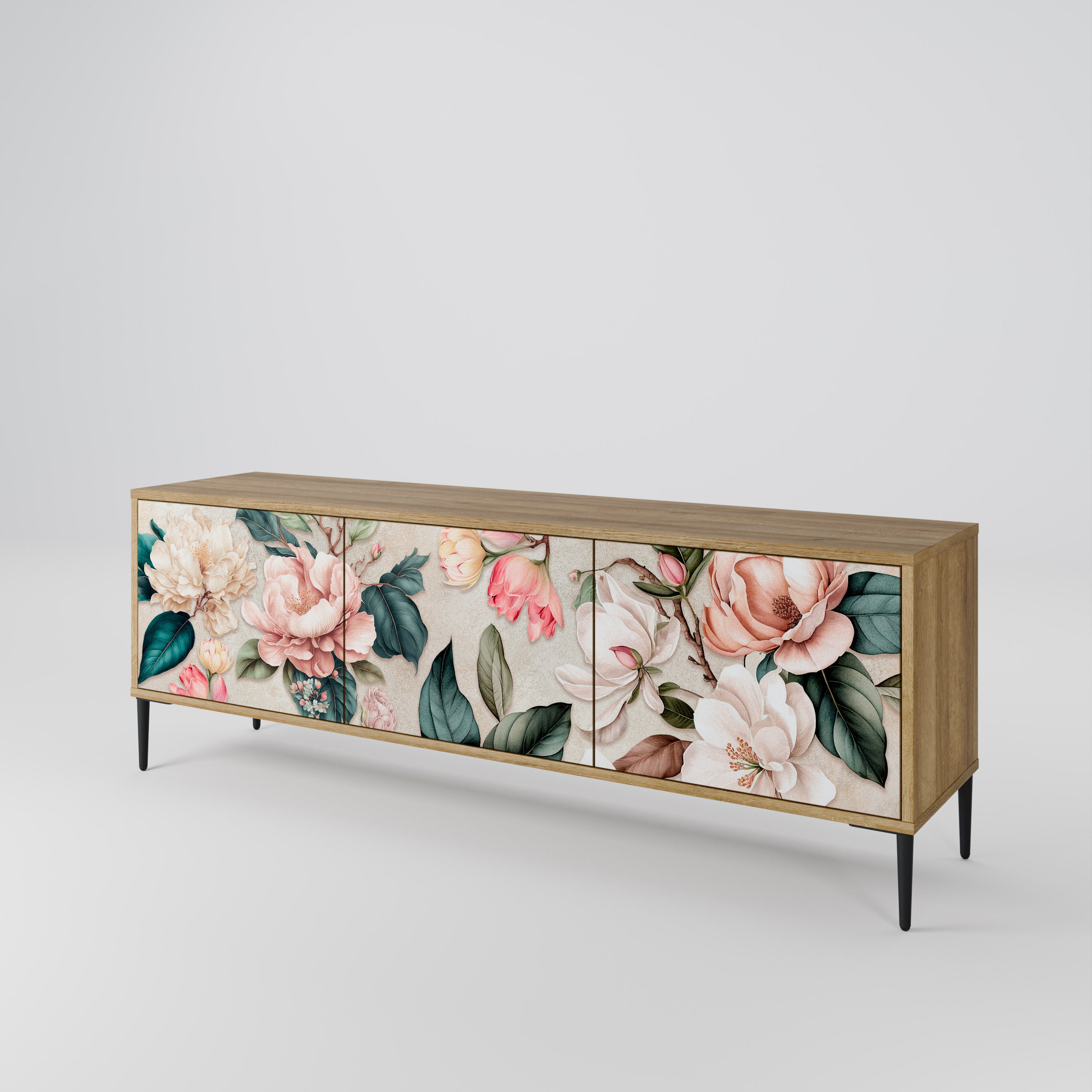 Mueble de TV de 3 puertas FLORAL GRACE con efecto roble
