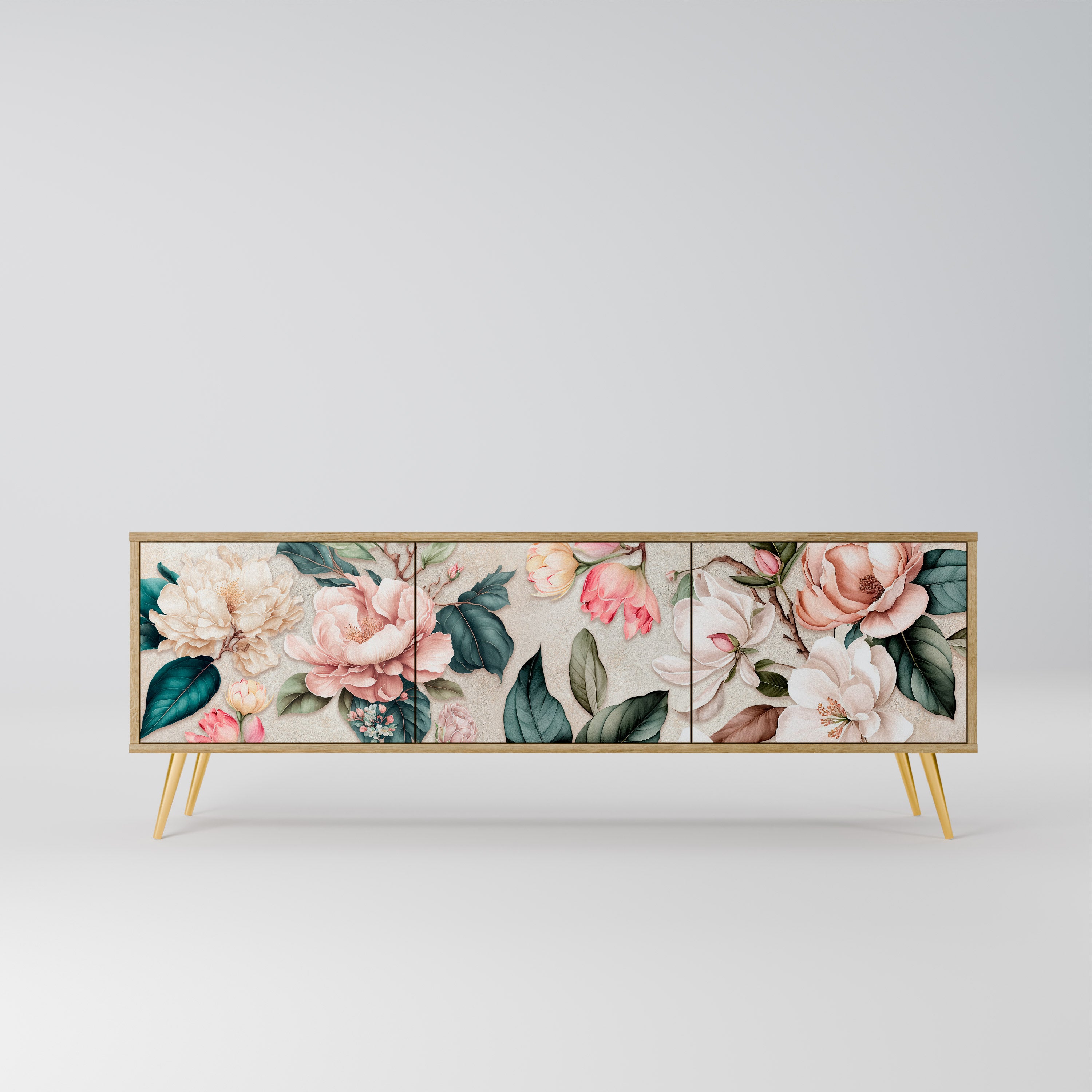 Mueble de TV de 3 puertas FLORAL GRACE con efecto roble
