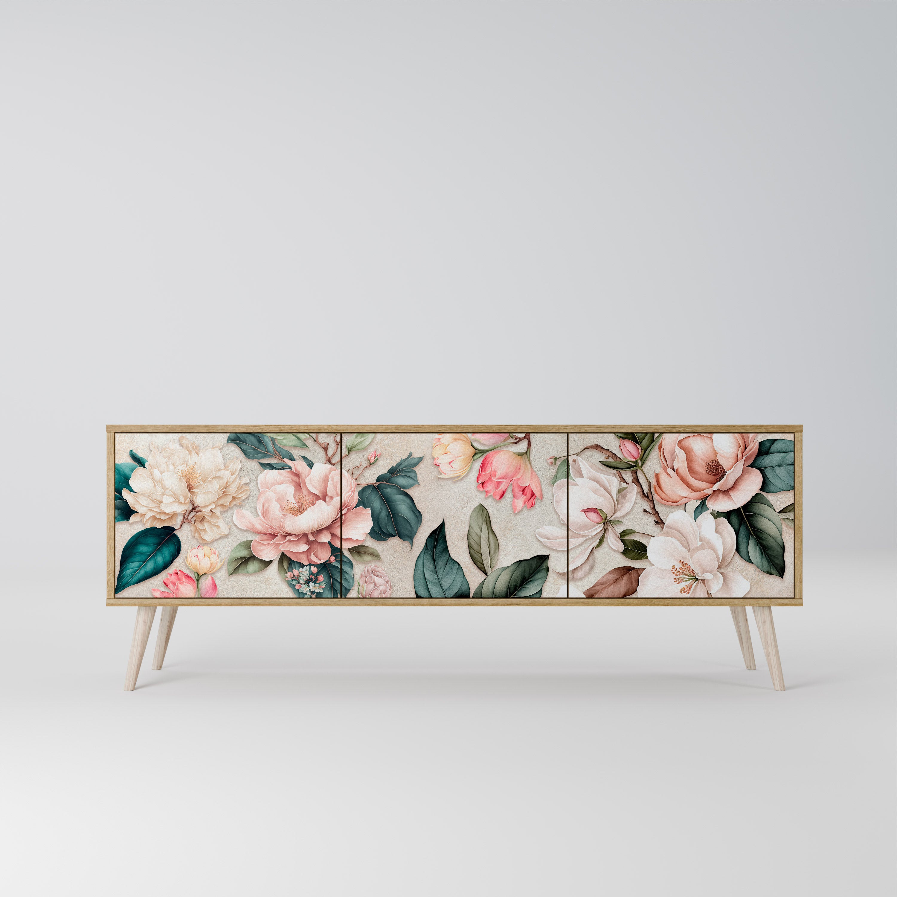 Mueble de TV de 3 puertas FLORAL GRACE con efecto roble
