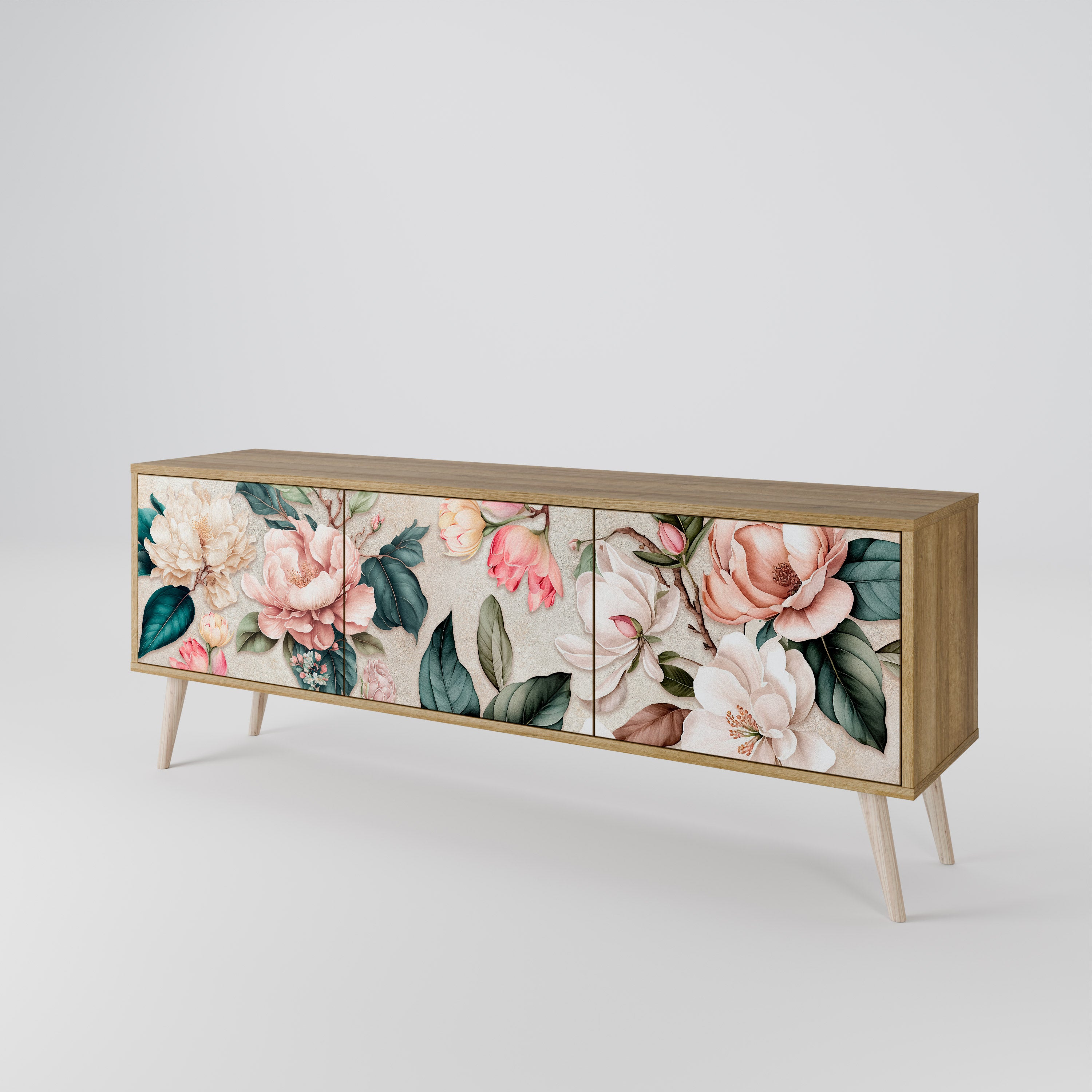 Mueble de TV de 3 puertas FLORAL GRACE con efecto roble