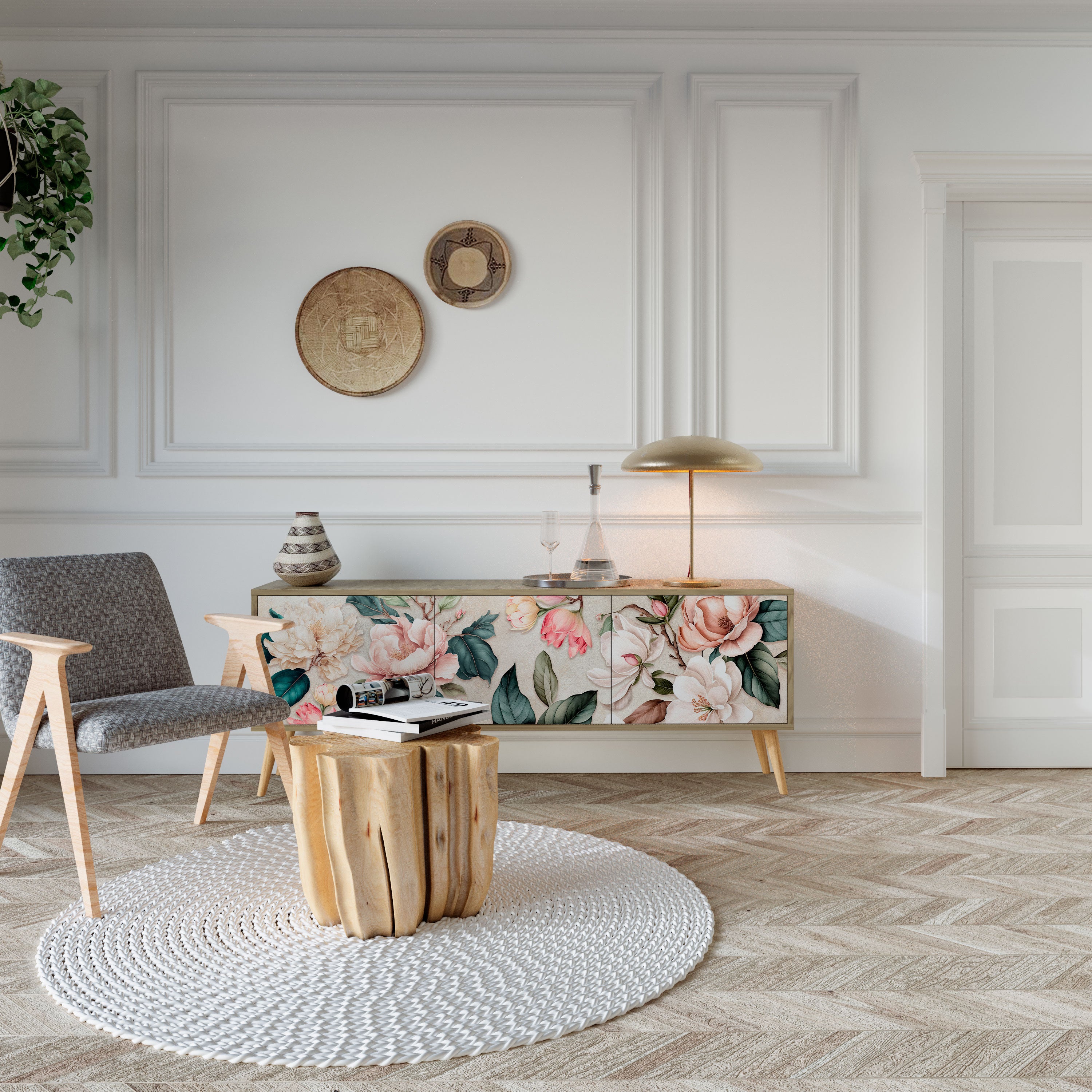 Mueble de TV de 3 puertas FLORAL GRACE con efecto roble