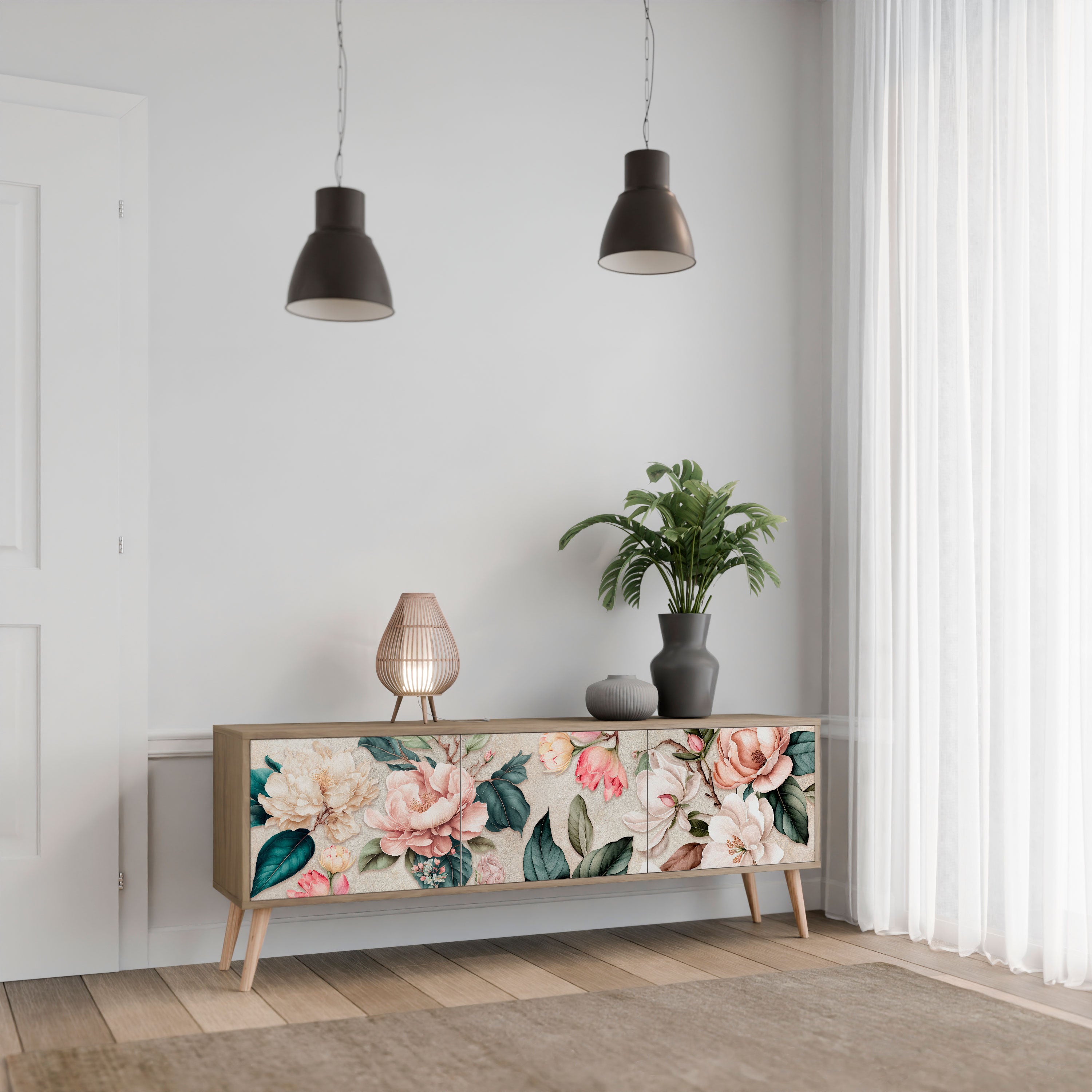 Mueble de TV de 3 puertas FLORAL GRACE con efecto roble