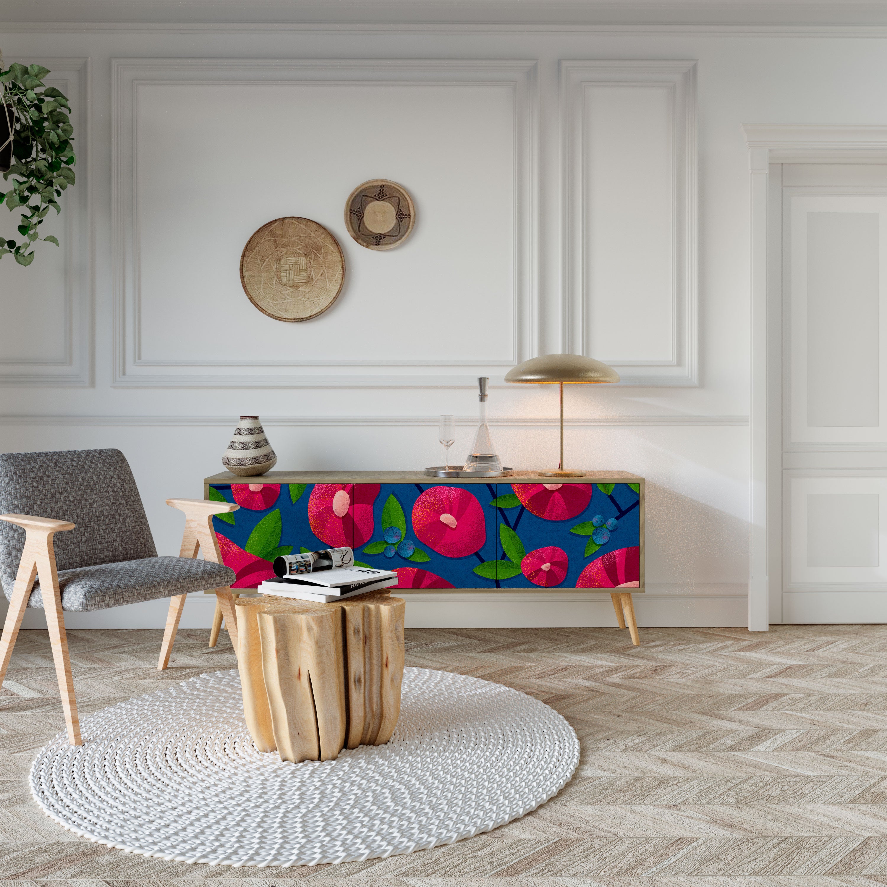 Mueble de TV de 3 puertas SPRING THOUGHTS con efecto roble
