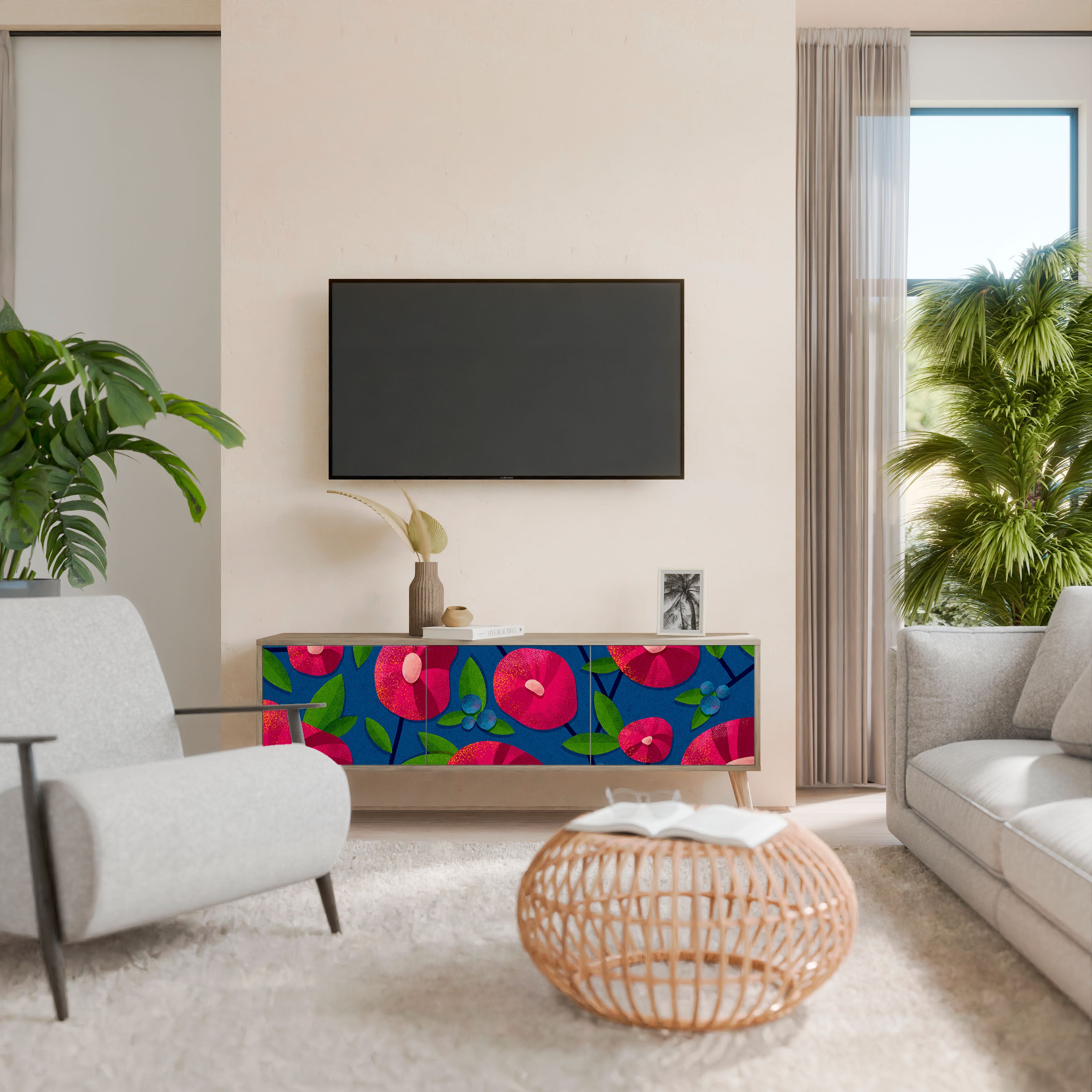 Mueble de TV de 3 puertas SPRING THOUGHTS con efecto roble
