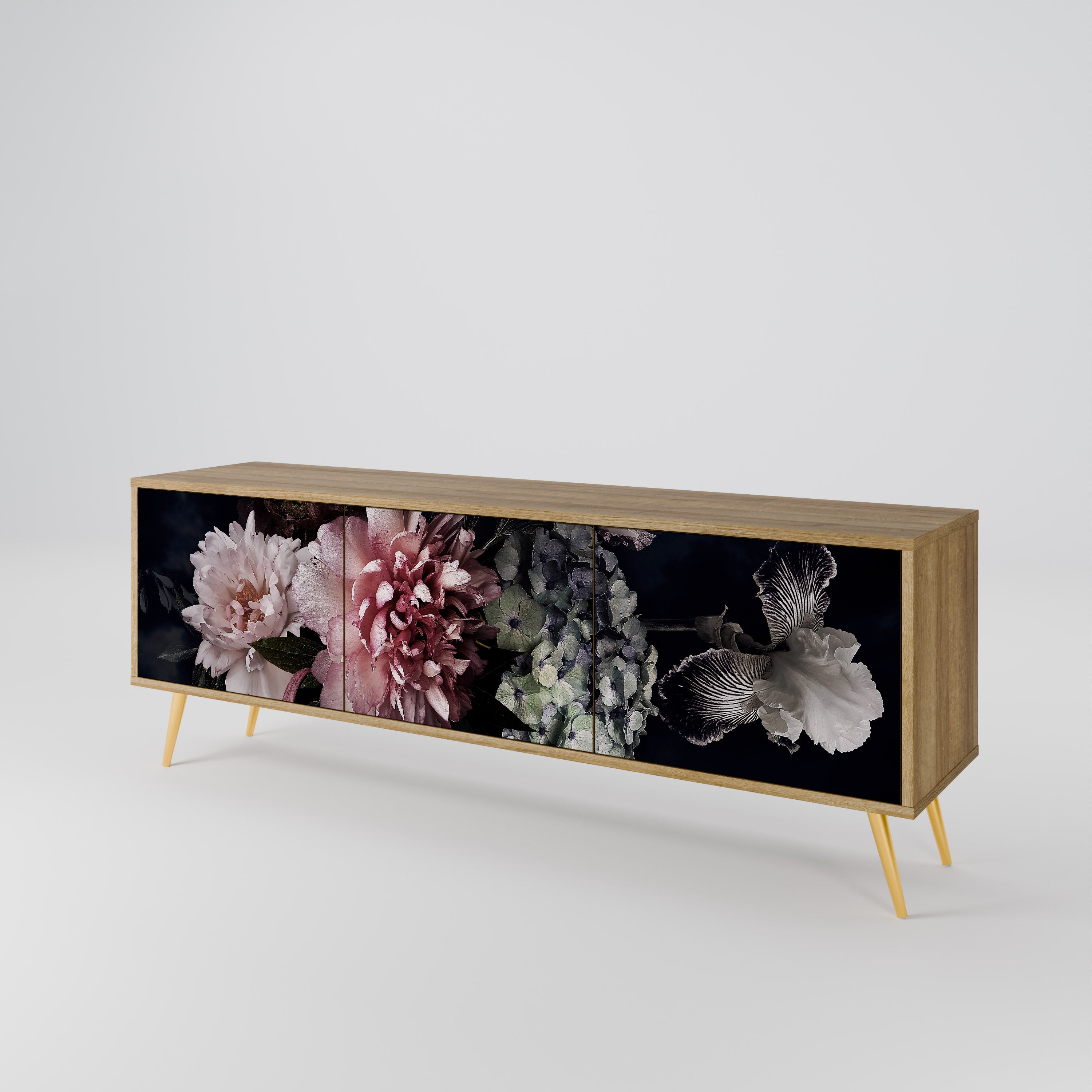 Mueble de TV de 3 puertas PURE BLOSSOM con efecto roble