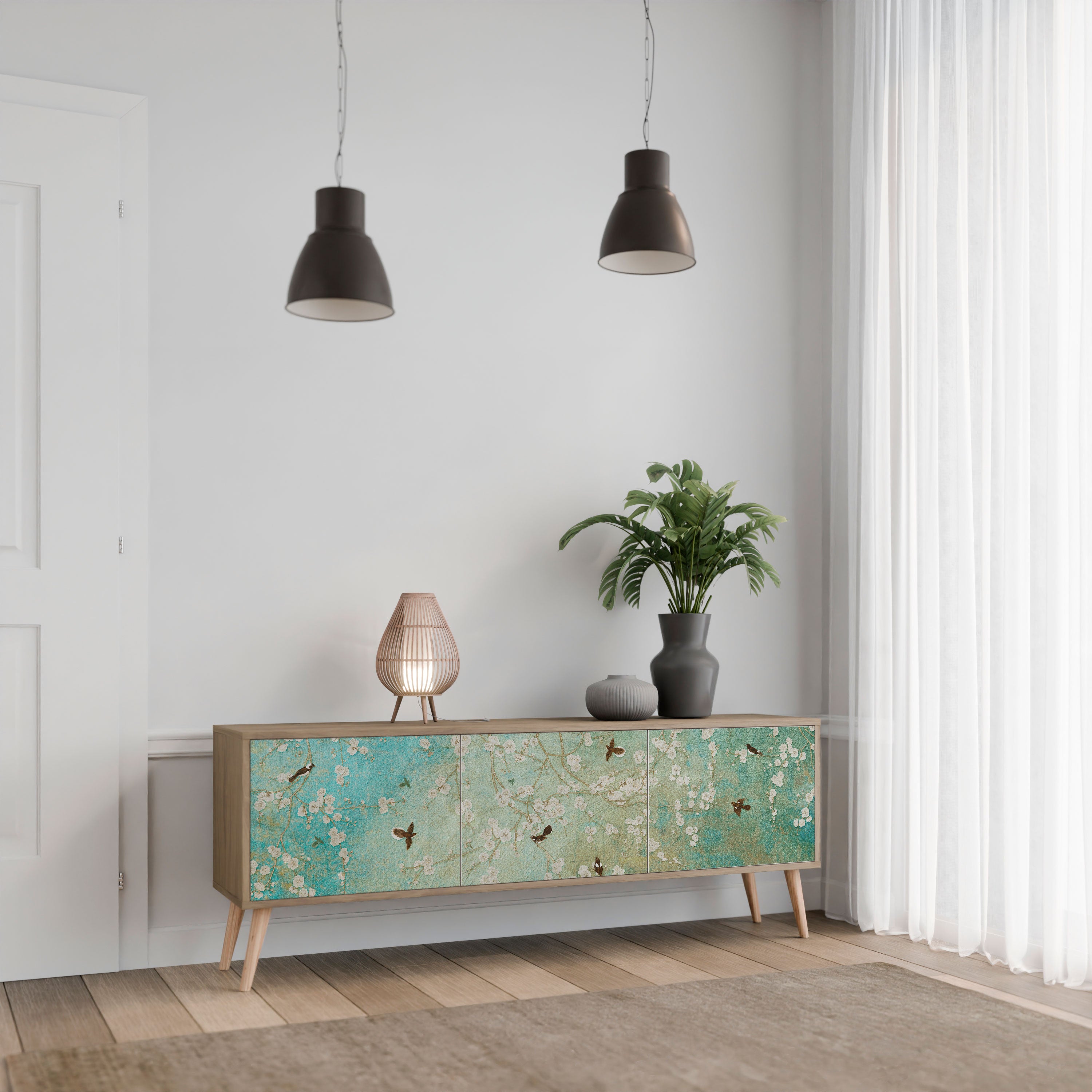 Mueble de TV de 3 puertas BLOOMING CHARM con efecto roble
