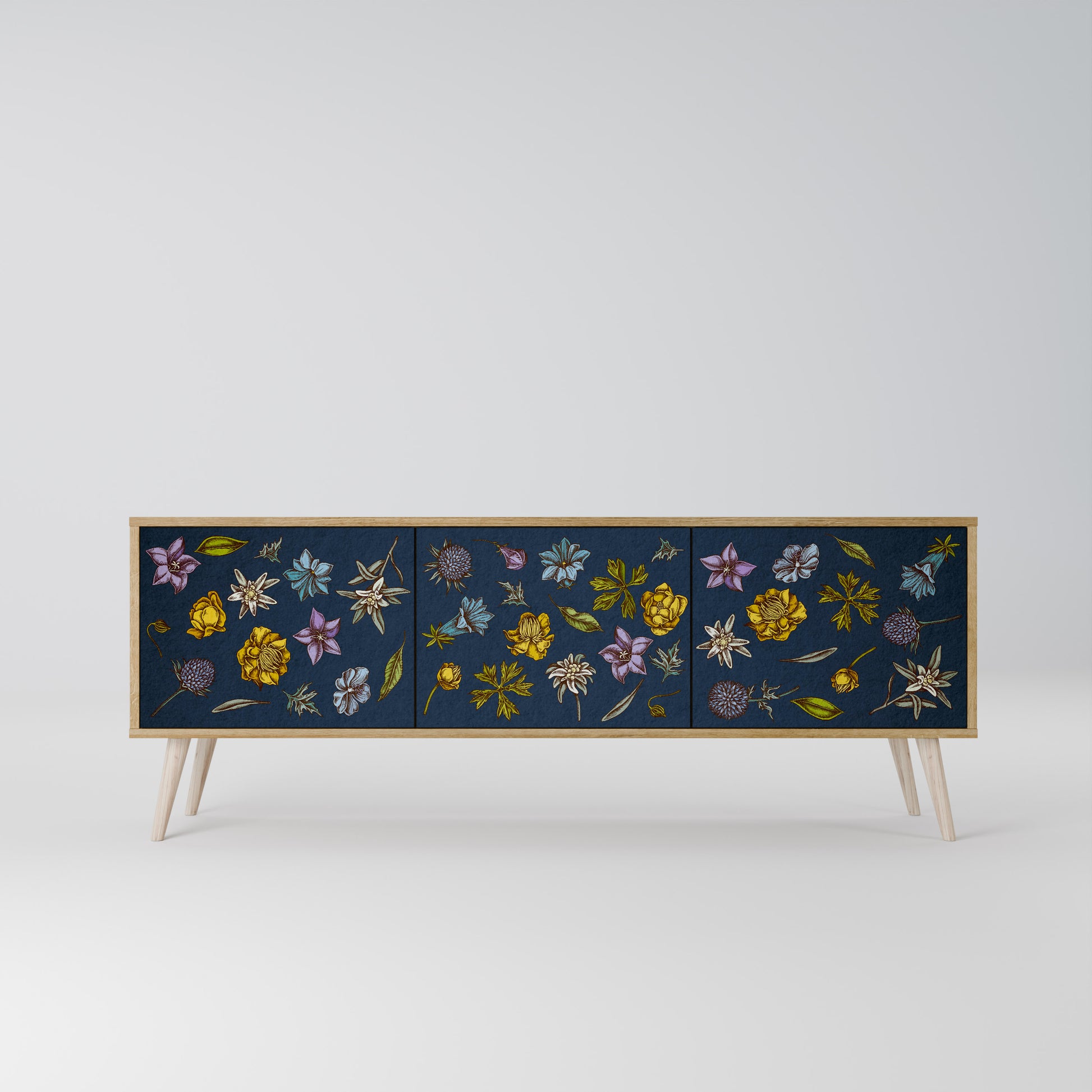 Mueble de TV de 3 puertas con efecto roble FLORES EN AZUL MARINO