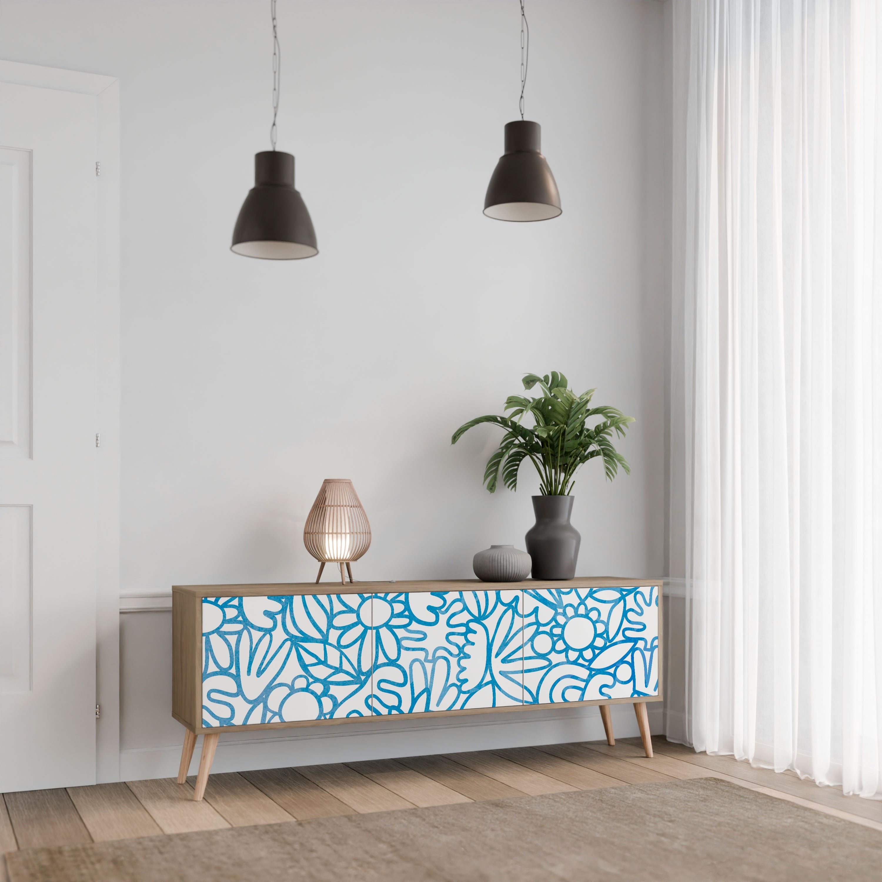 Mueble de TV de 3 puertas BLOOMY MORNING con efecto roble