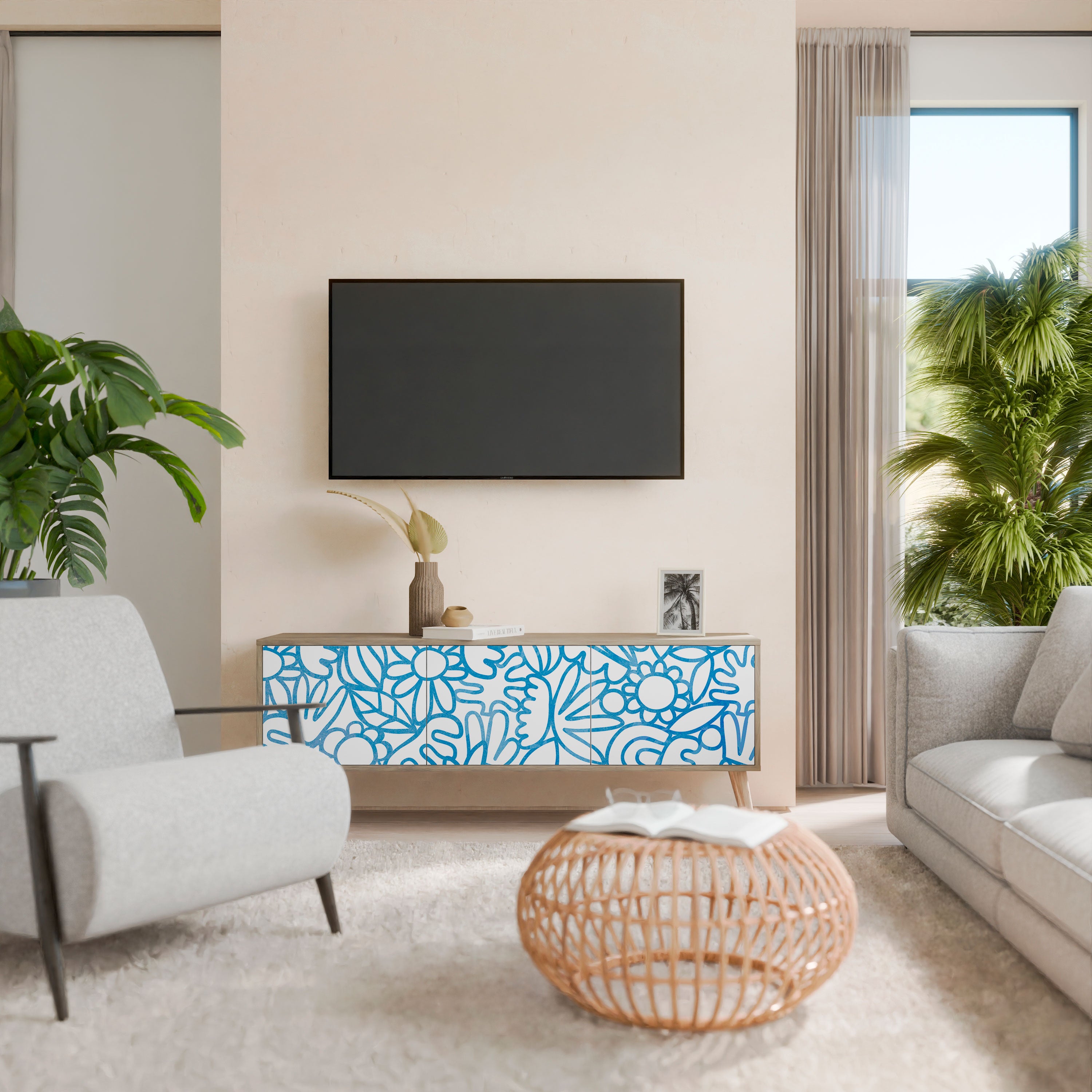 Mueble de TV de 3 puertas BLOOMY MORNING con efecto roble