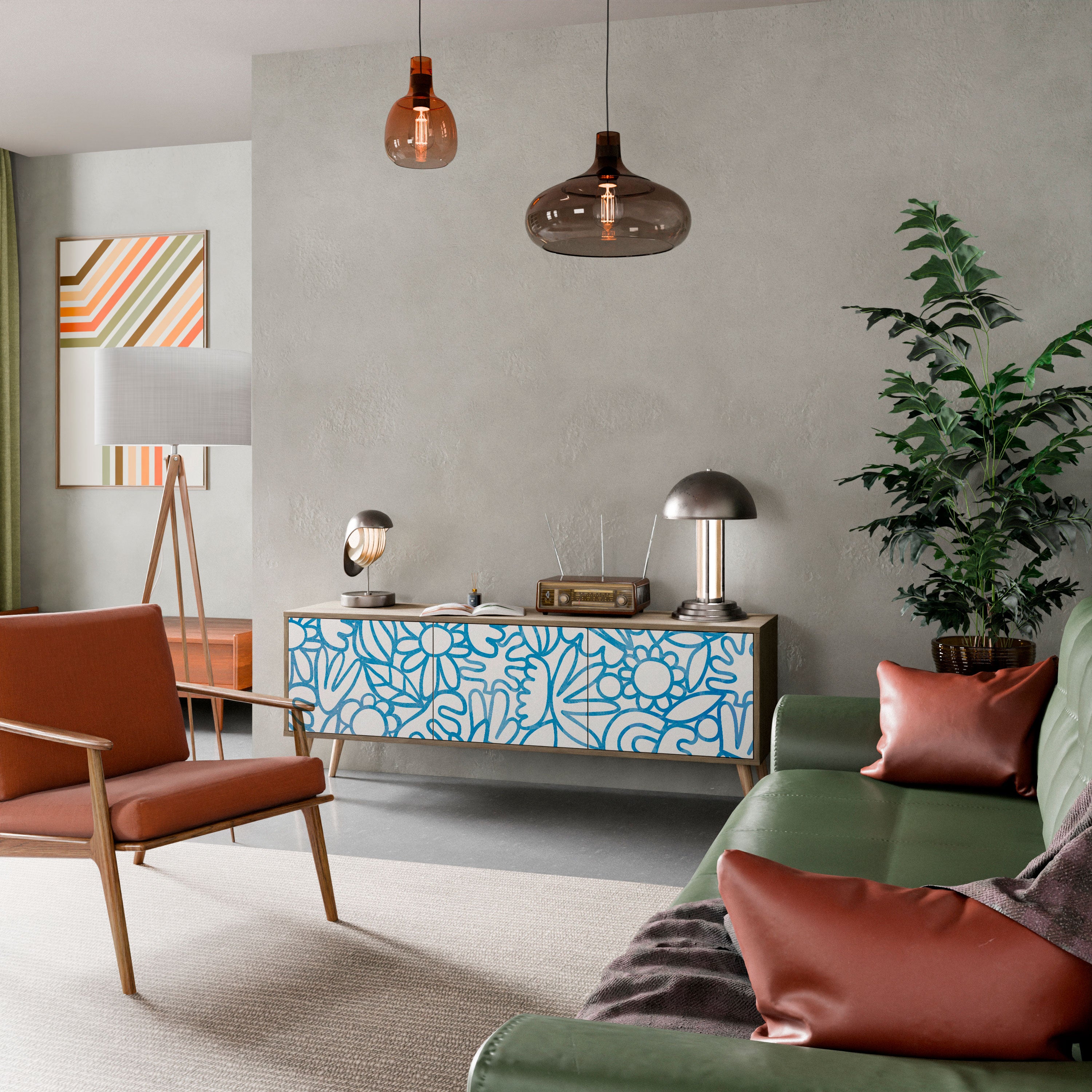 Mueble de TV de 3 puertas BLOOMY MORNING con efecto roble