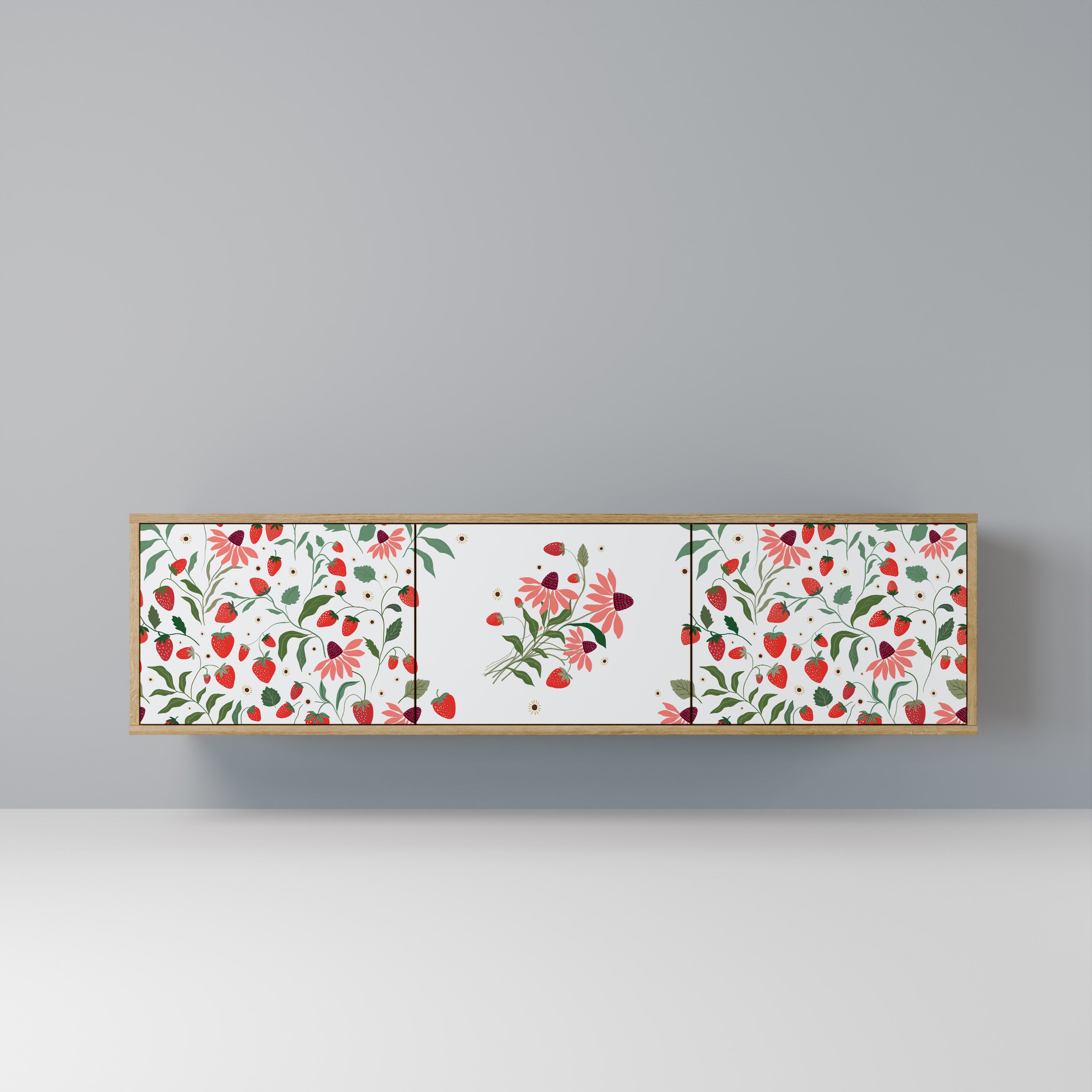 Mueble de TV de 3 puertas con efecto roble FLORES Y FRESAS