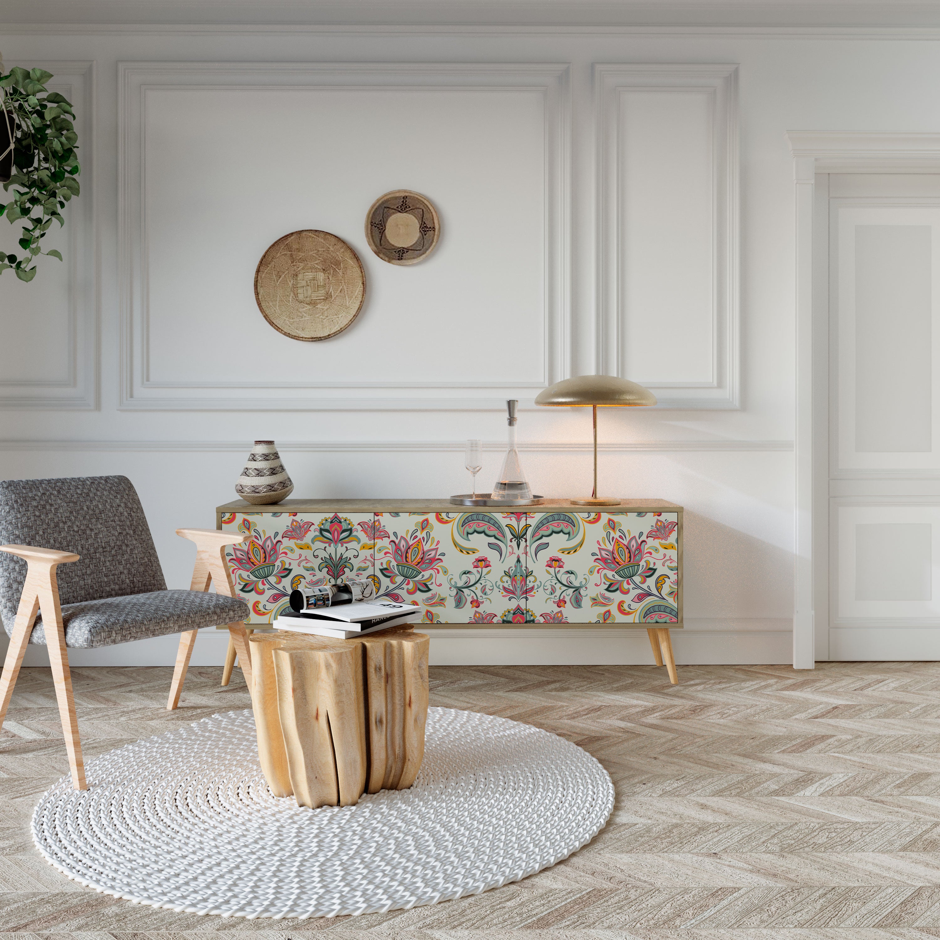 Mueble de TV de 3 puertas ORGANIC FOLKLORE con efecto roble