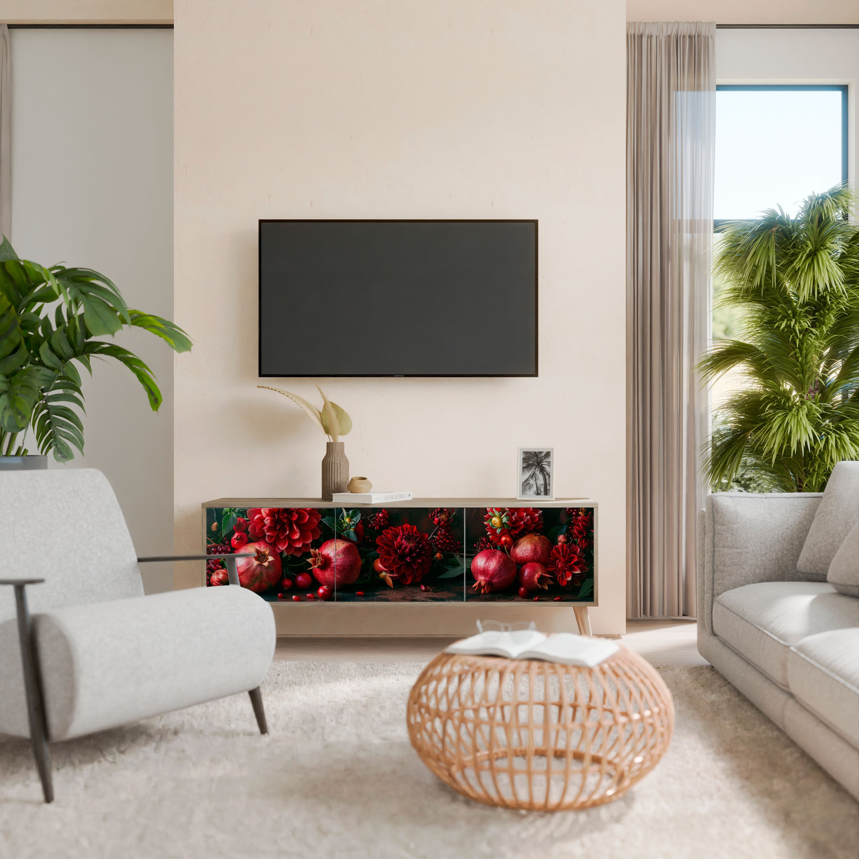 Mueble de TV de 3 puertas DAHLIAS AND POMEGRANATES efecto roble
