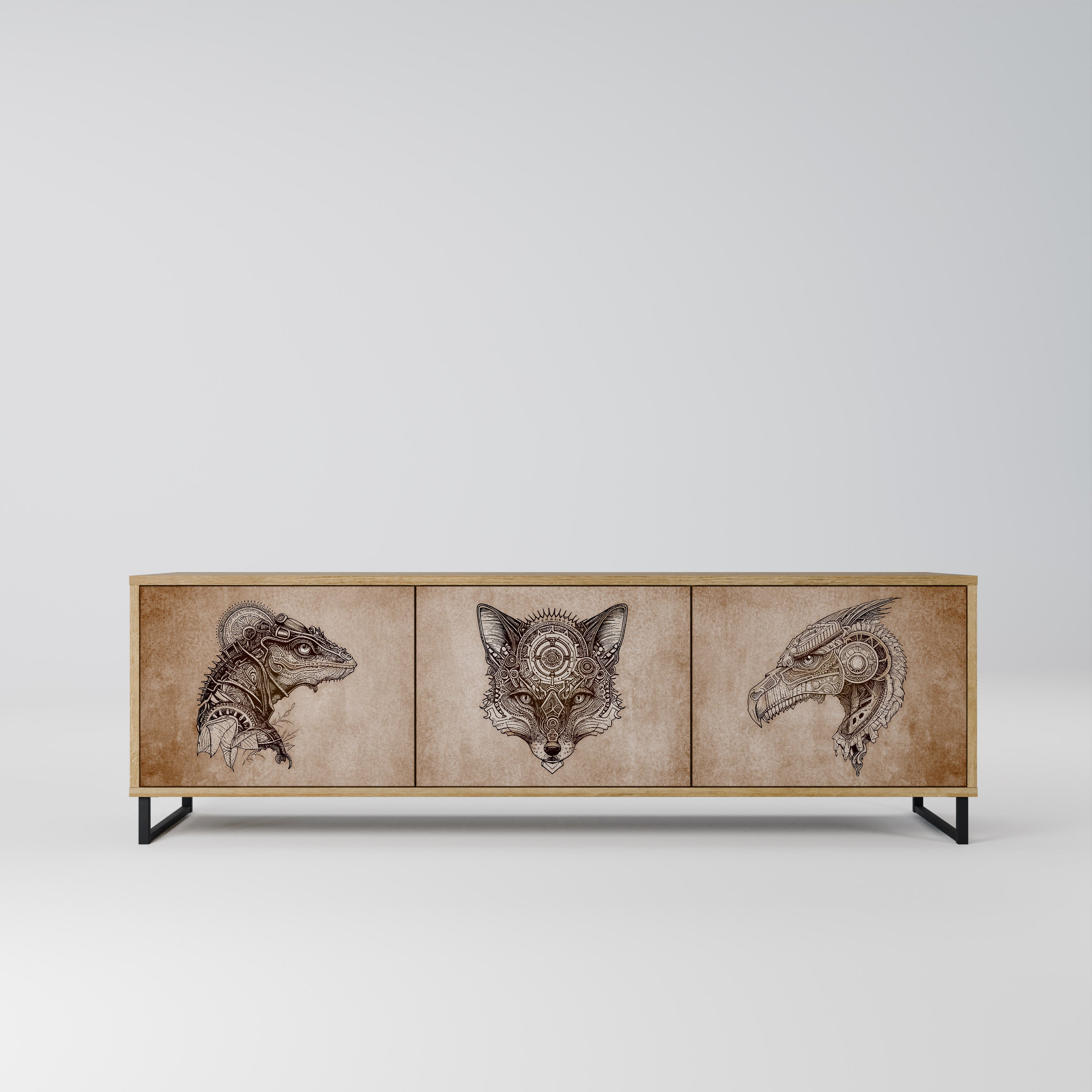 Mueble de TV de 3 puertas STEAMPUNK CLAN con efecto roble