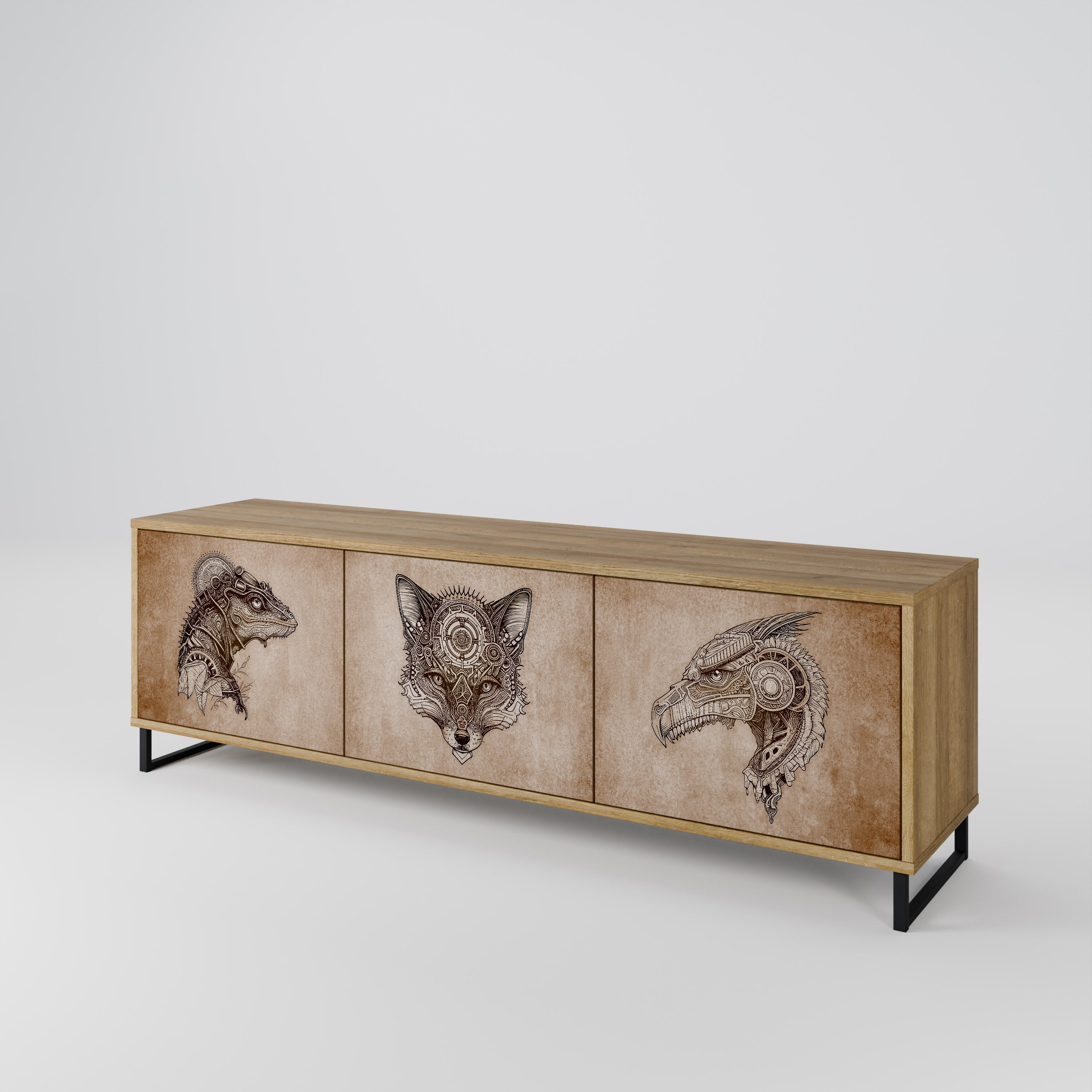 Mueble de TV de 3 puertas STEAMPUNK CLAN con efecto roble