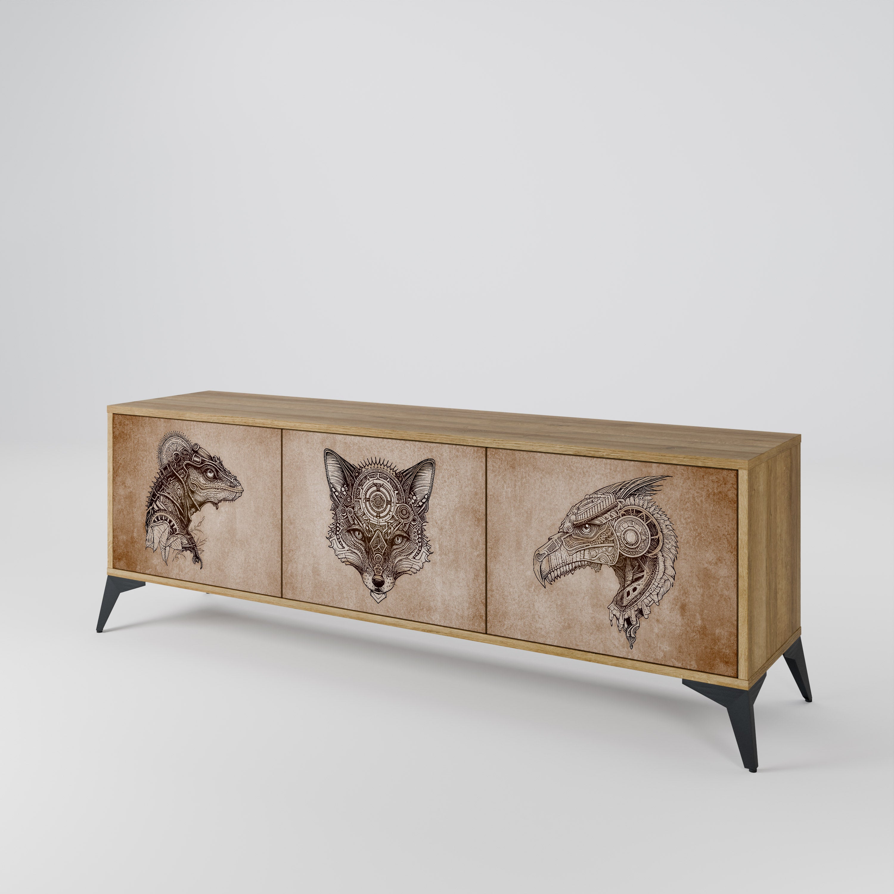 Mueble de TV de 3 puertas STEAMPUNK CLAN con efecto roble