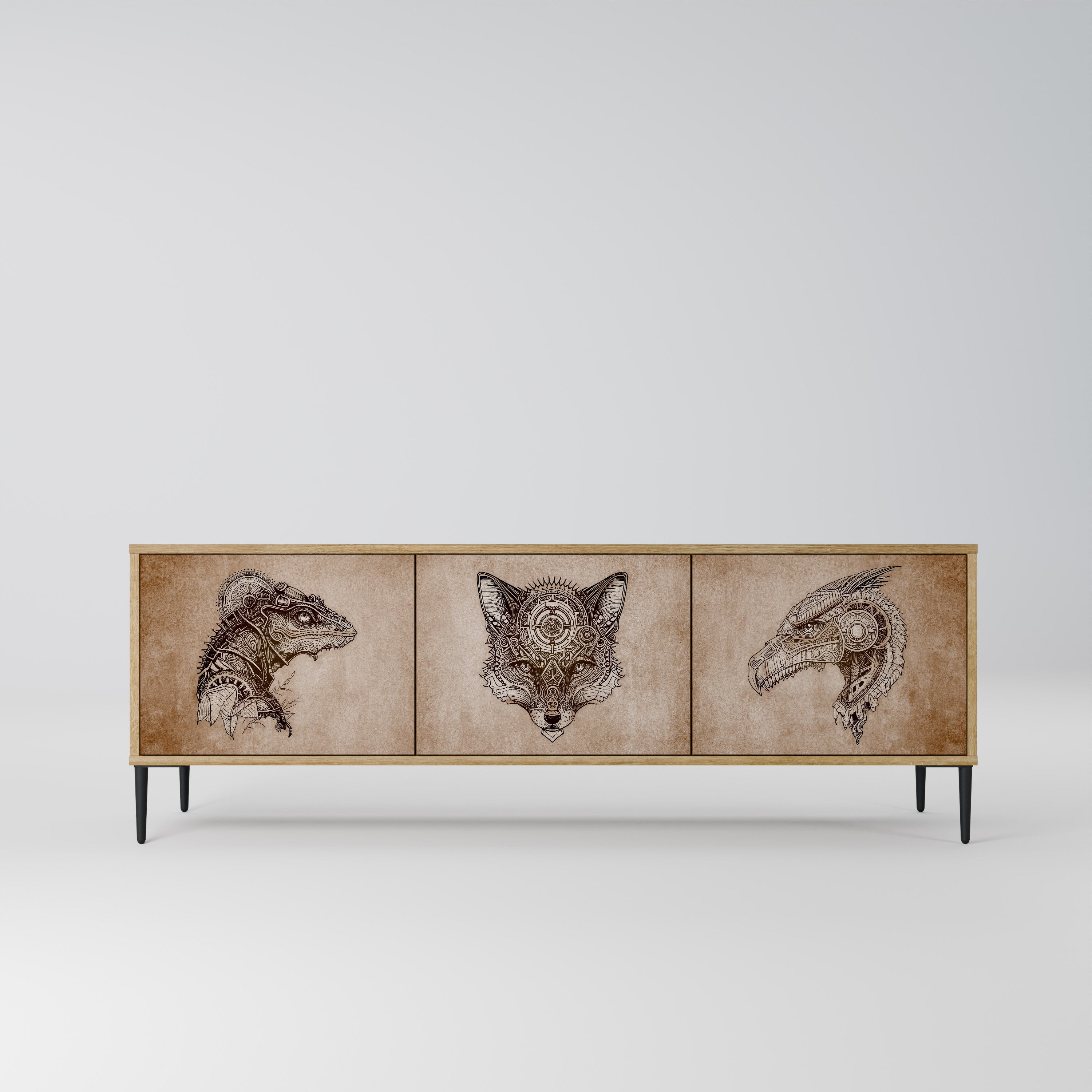 Mueble de TV de 3 puertas STEAMPUNK CLAN con efecto roble