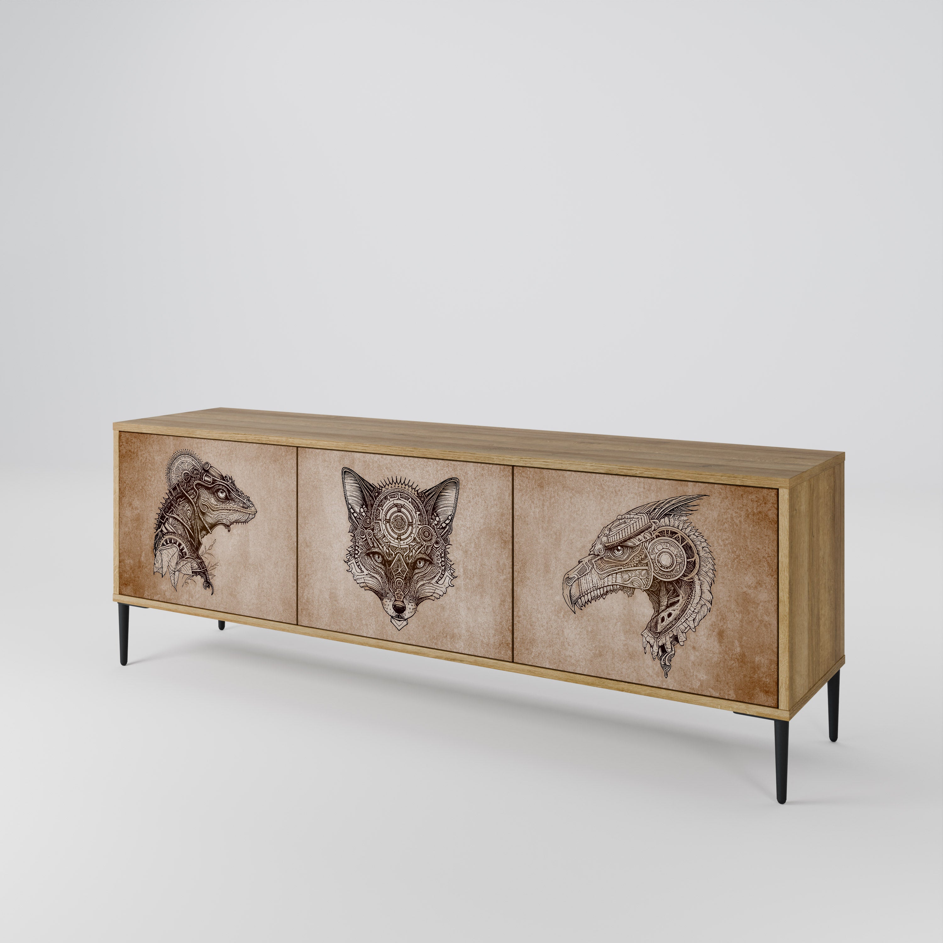 Mueble de TV de 3 puertas STEAMPUNK CLAN con efecto roble