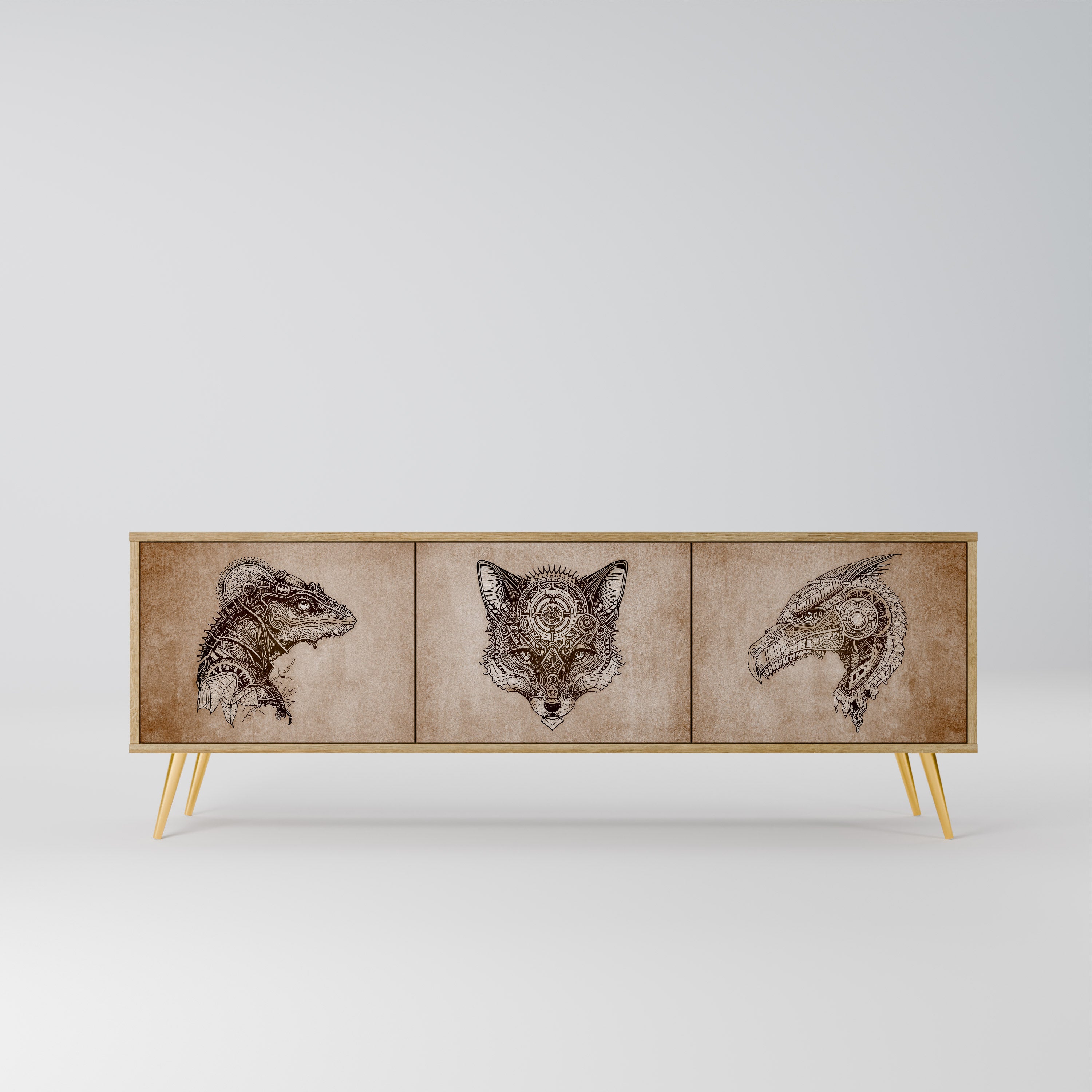 Mueble de TV de 3 puertas STEAMPUNK CLAN con efecto roble