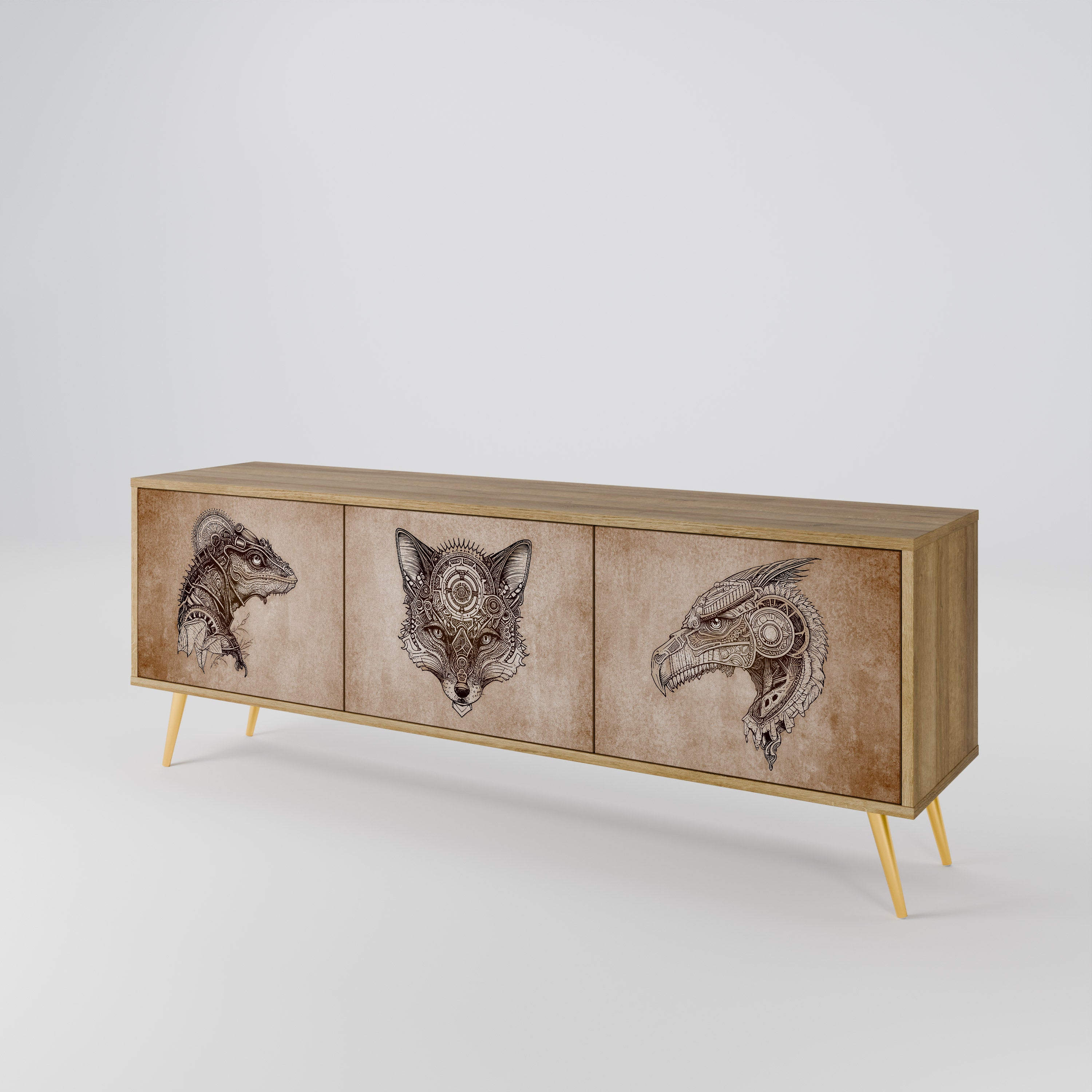 Mueble de TV de 3 puertas STEAMPUNK CLAN con efecto roble