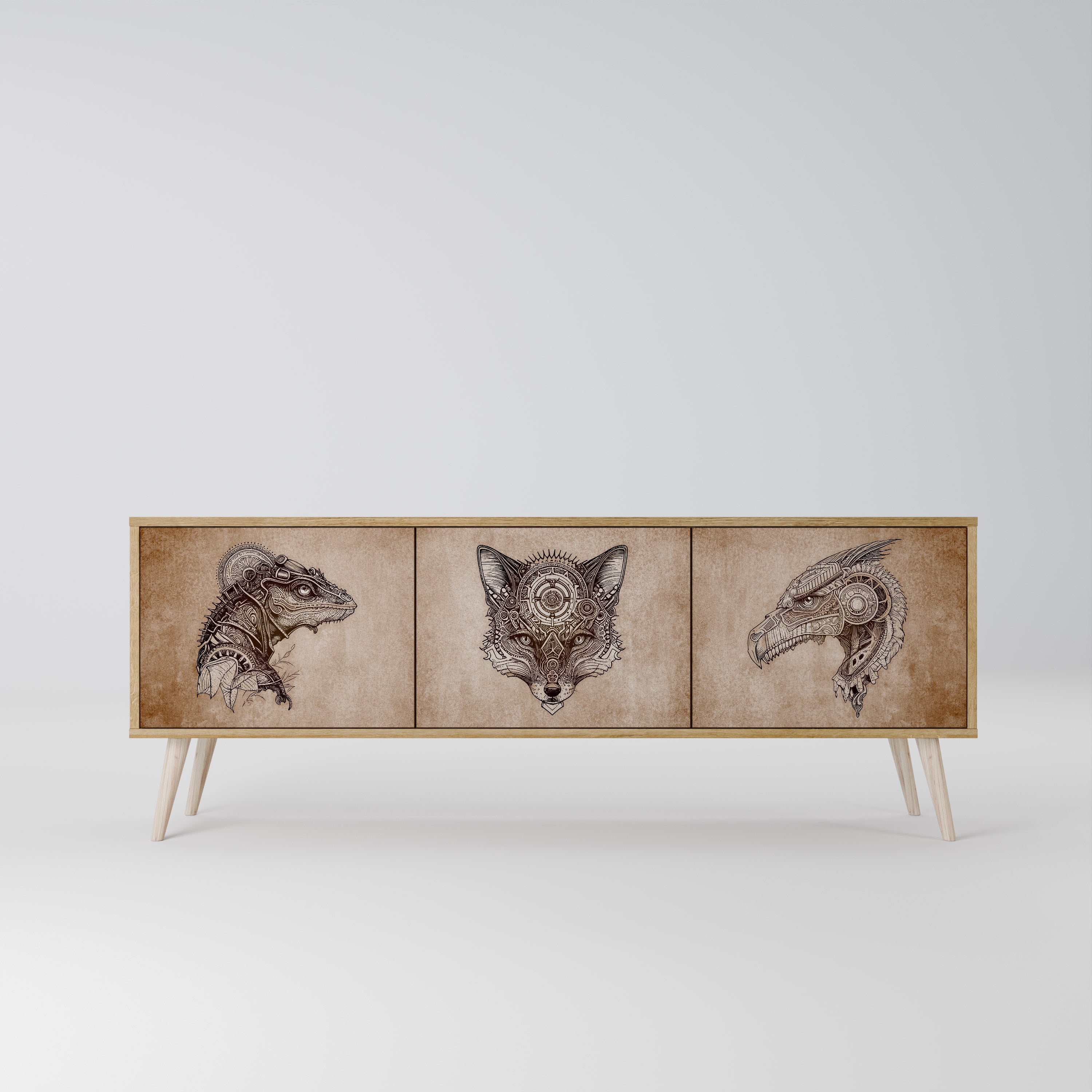 Mueble de TV de 3 puertas STEAMPUNK CLAN con efecto roble