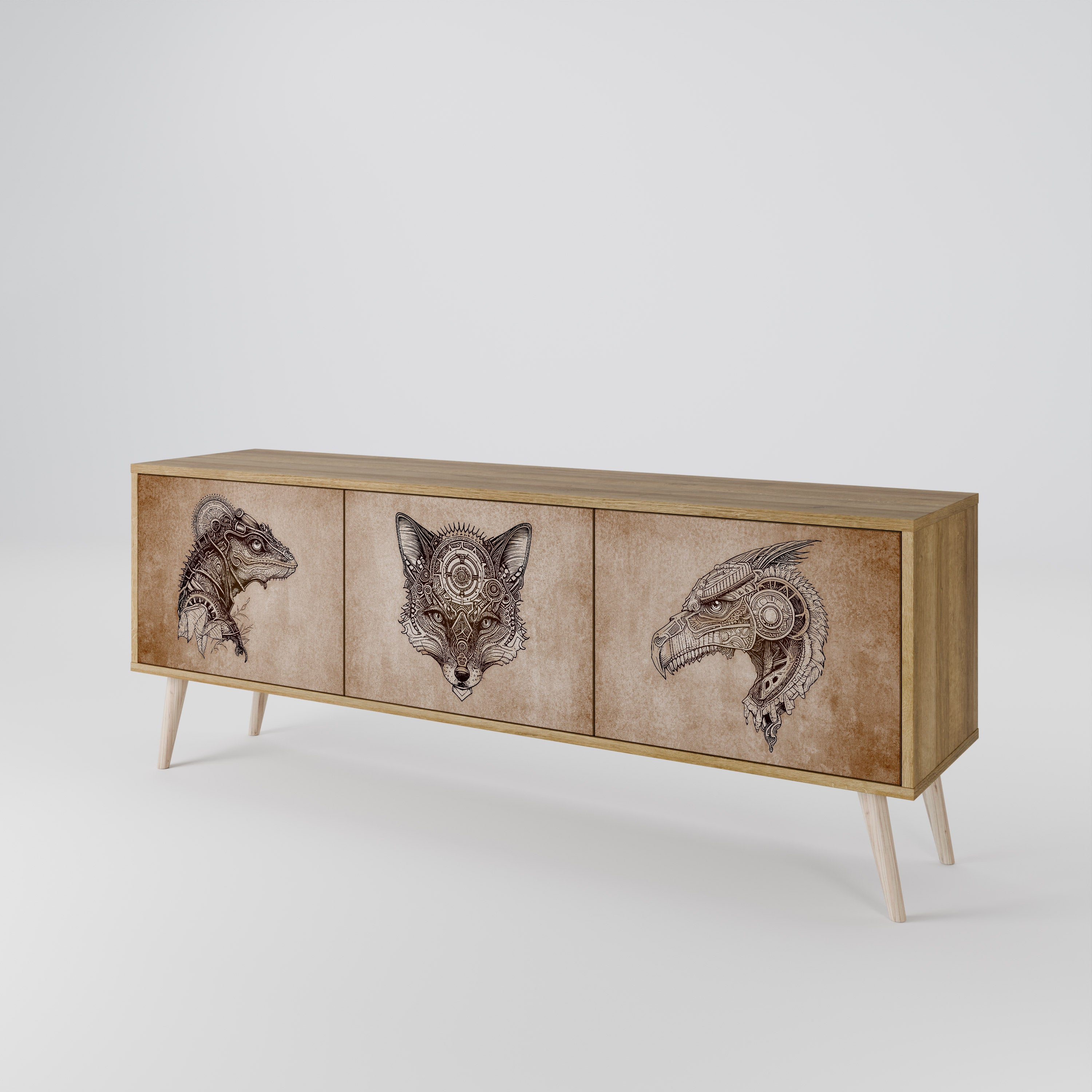 Mueble de TV de 3 puertas STEAMPUNK CLAN con efecto roble