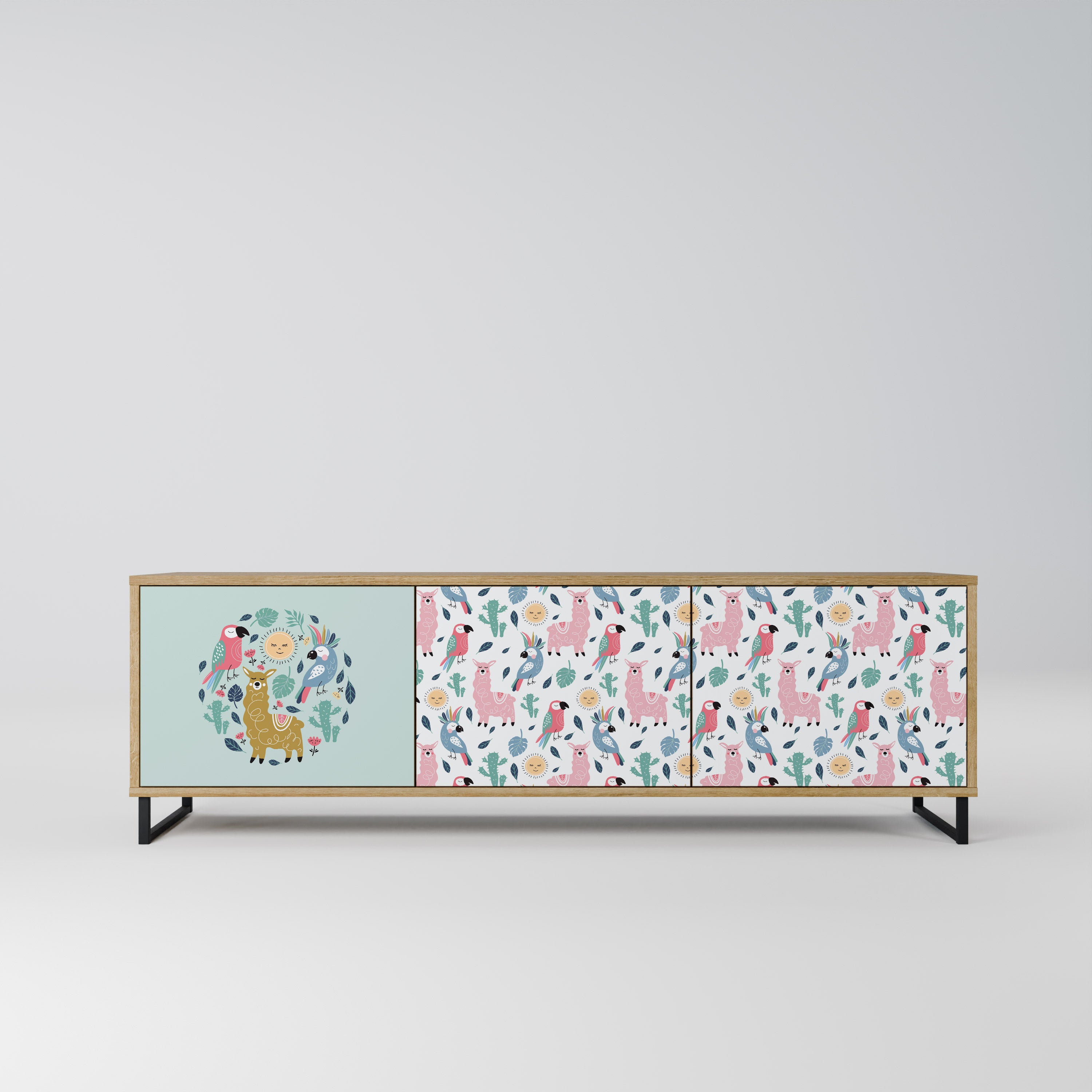 Mueble de TV de 3 puertas COLORFUL ALPACAS en efecto roble