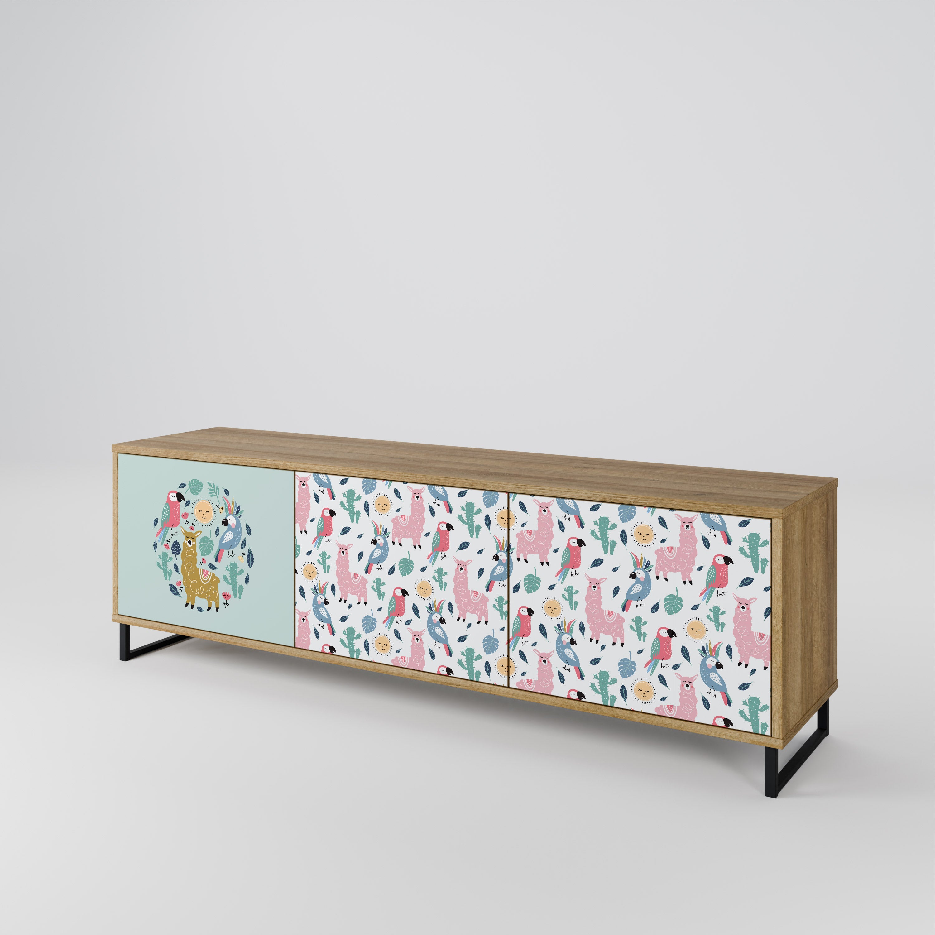 Mueble de TV de 3 puertas COLORFUL ALPACAS en efecto roble