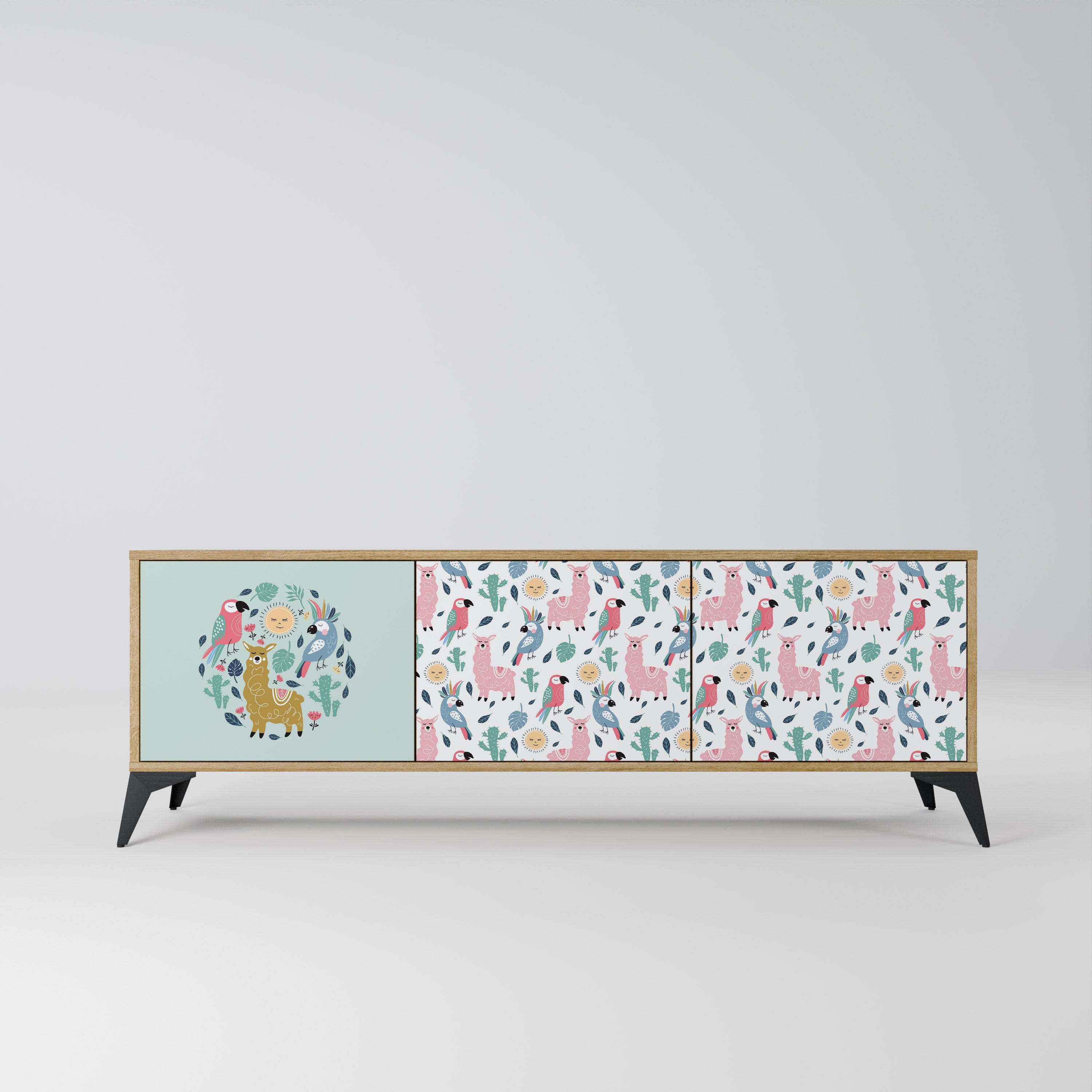 Mueble de TV de 3 puertas COLORFUL ALPACAS en efecto roble