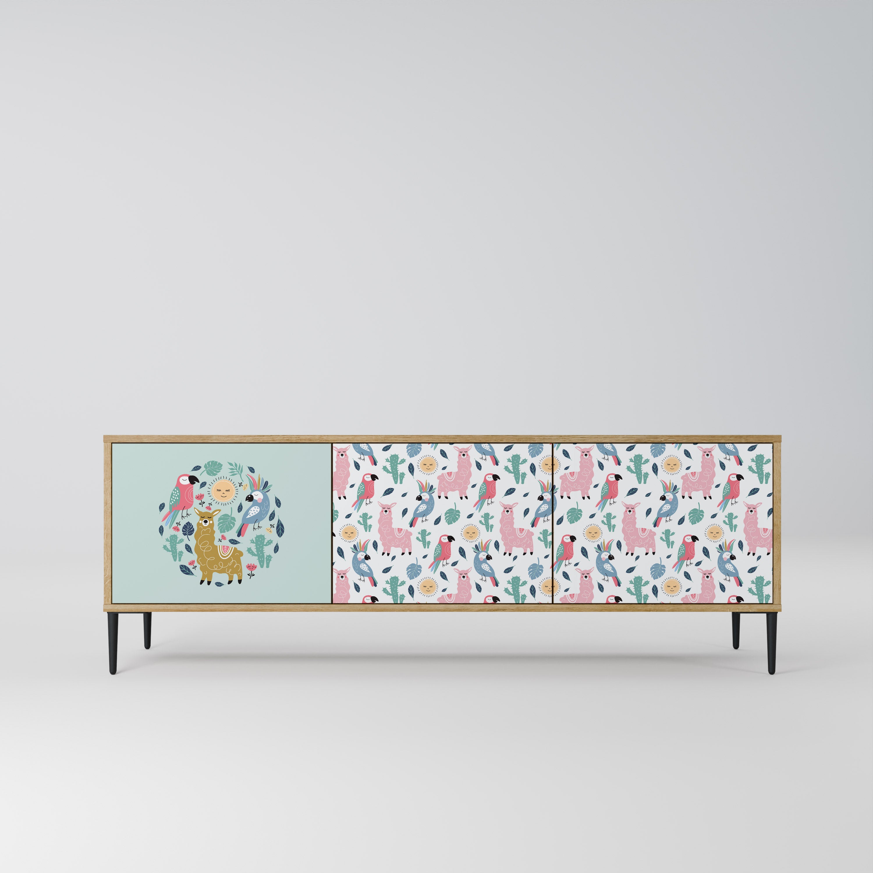 Mueble de TV de 3 puertas COLORFUL ALPACAS en efecto roble
