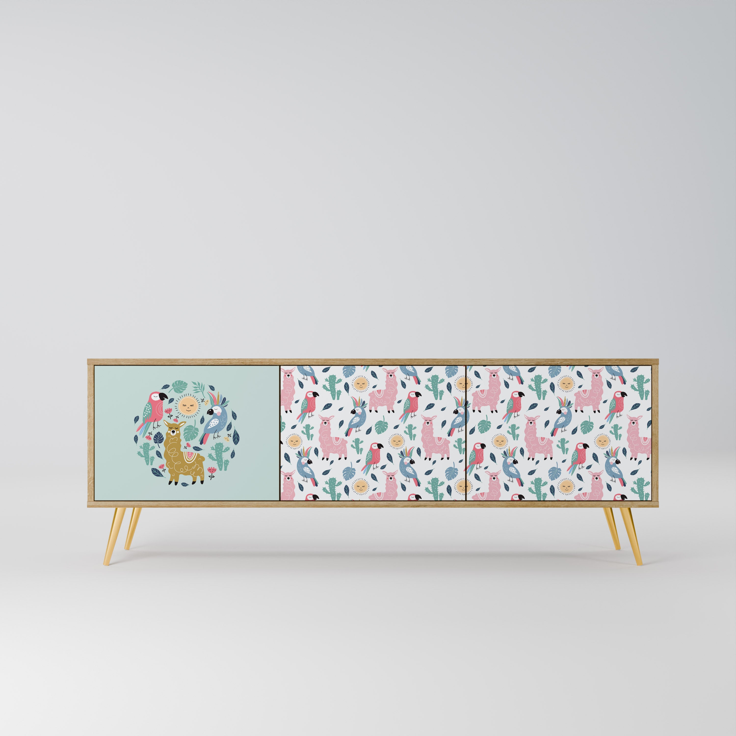Mueble de TV de 3 puertas COLORFUL ALPACAS en efecto roble