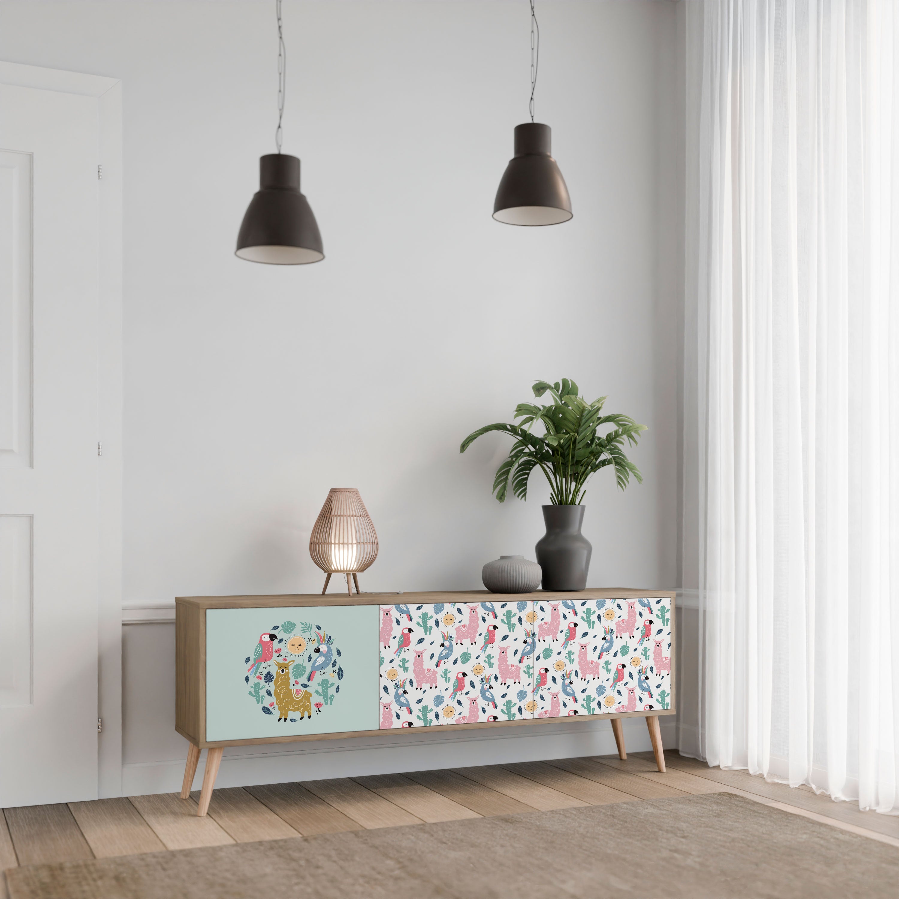 Mueble de TV de 3 puertas COLORFUL ALPACAS en efecto roble