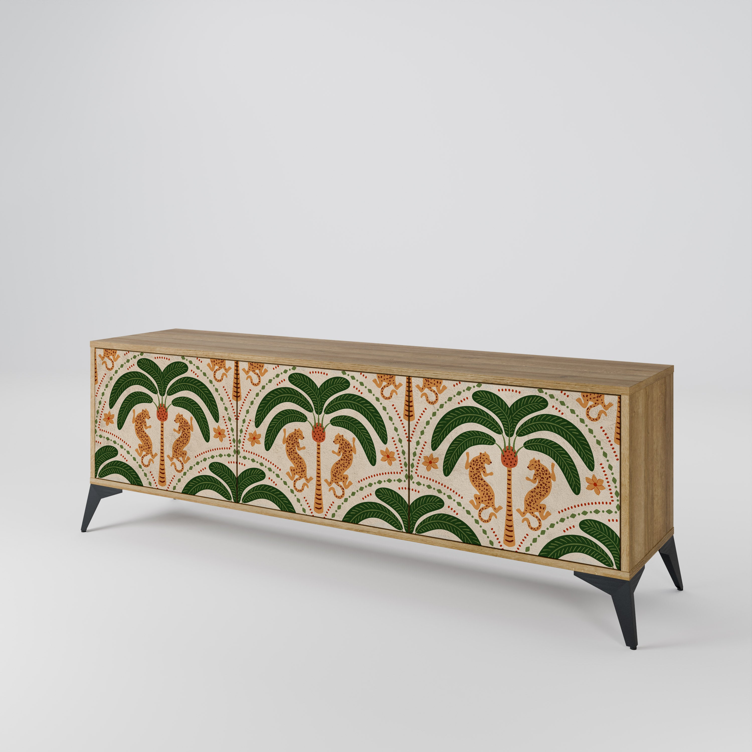 Mueble de TV de 3 puertas DANCING PREDATORS con efecto roble