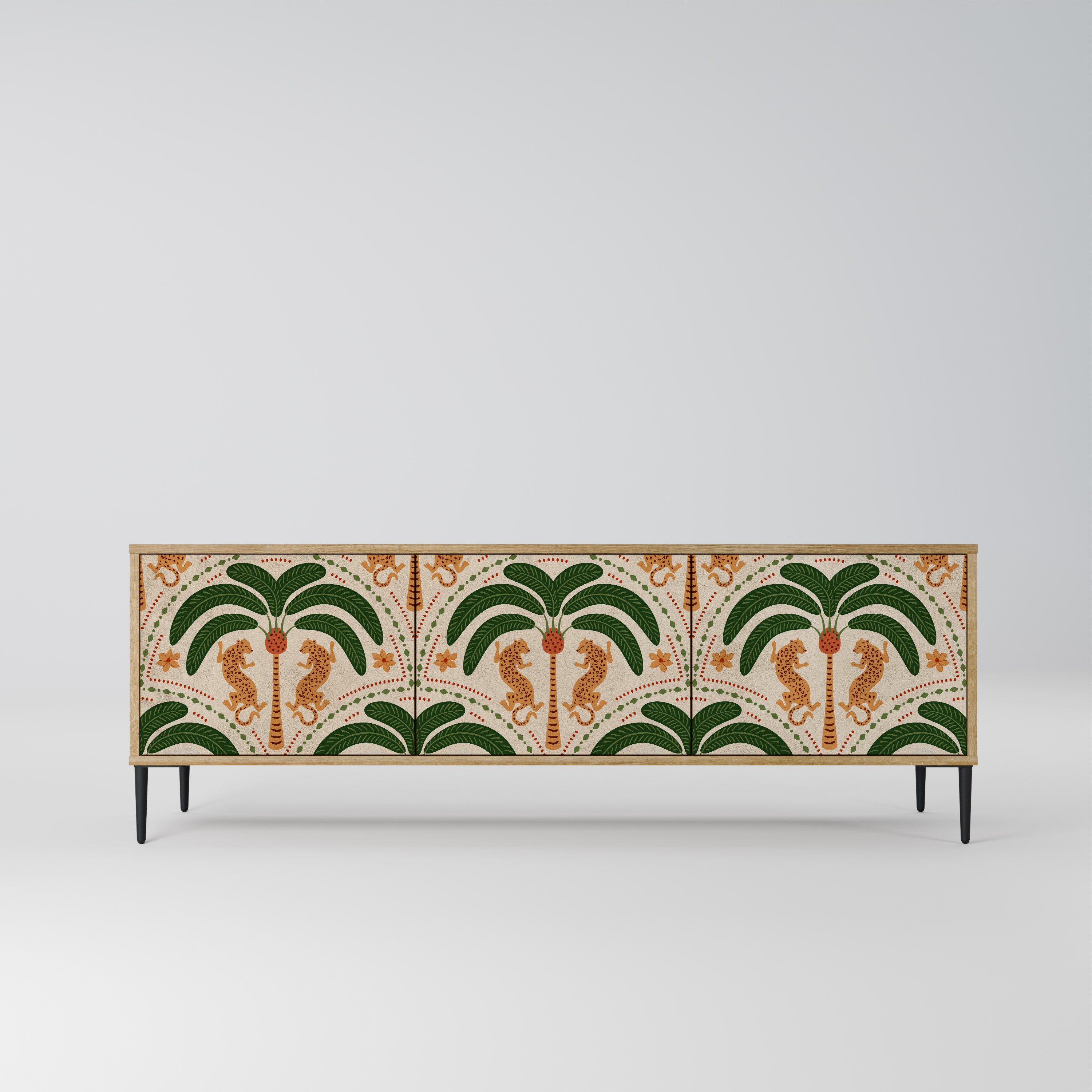 Mueble de TV de 3 puertas DANCING PREDATORS con efecto roble