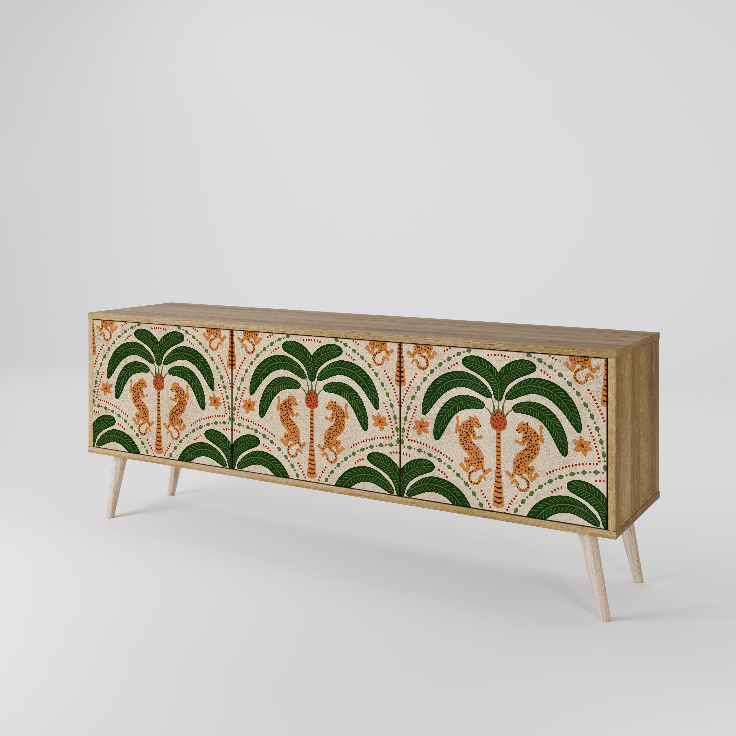 Mueble de TV de 3 puertas DANCING PREDATORS con efecto roble