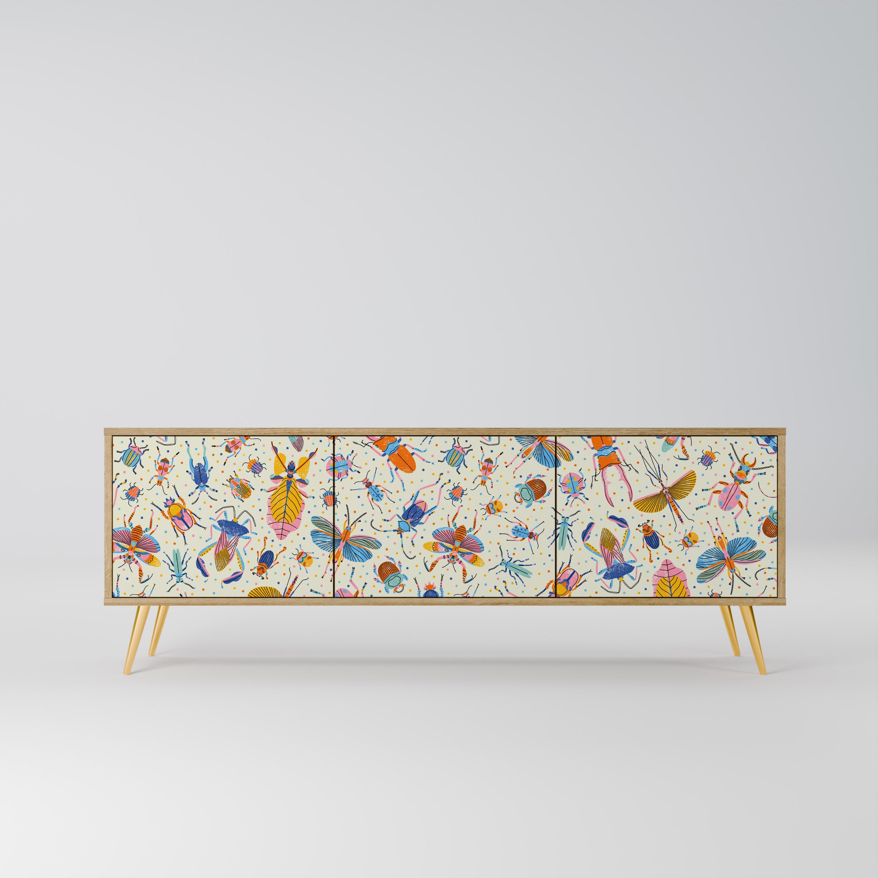 Mueble de TV de 3 puertas COLORFUL INSECTS en efecto roble