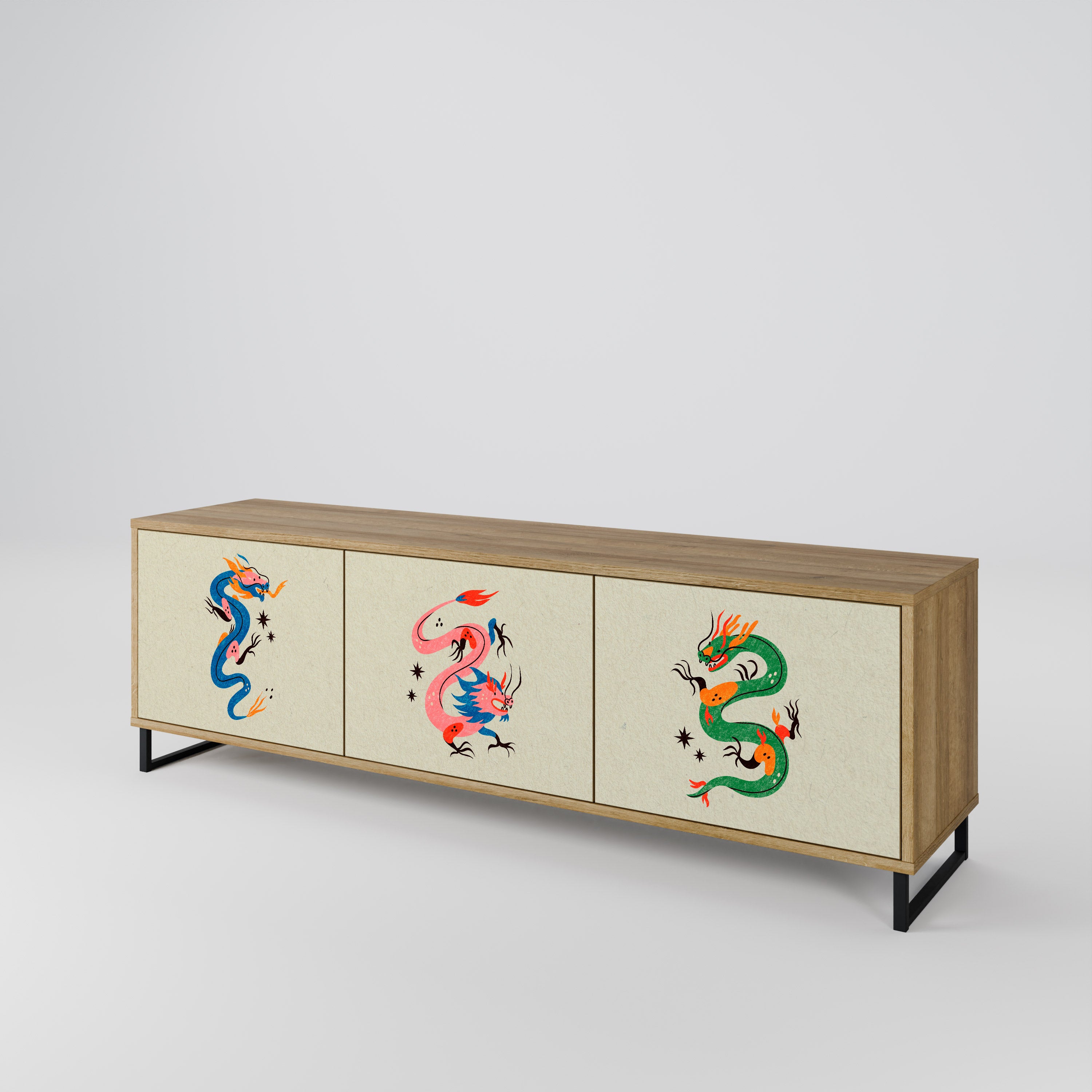 Mueble de TV de 3 puertas con efecto roble CRIATURAS MITOLÓGICAS