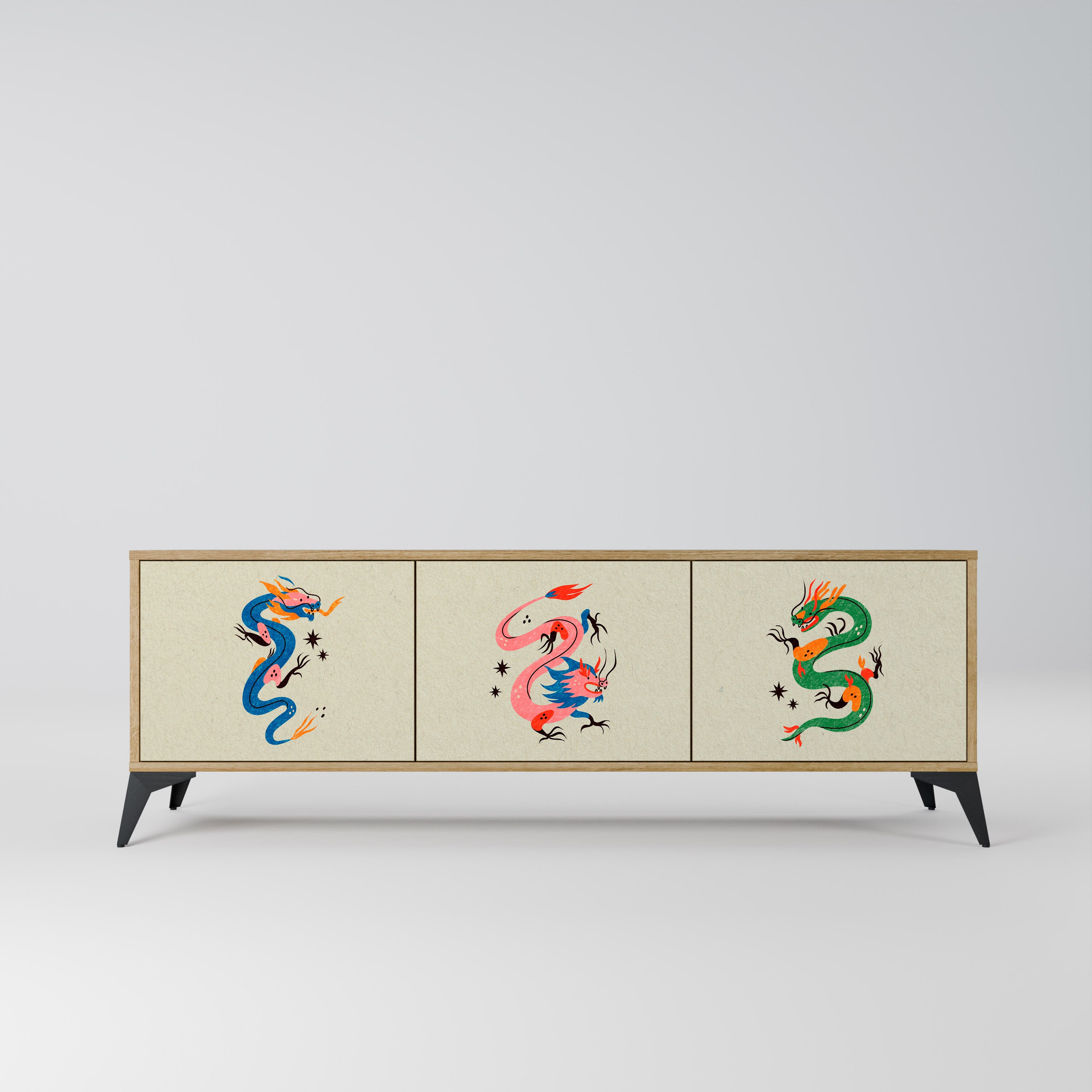 Mueble de TV de 3 puertas con efecto roble CRIATURAS MITOLÓGICAS