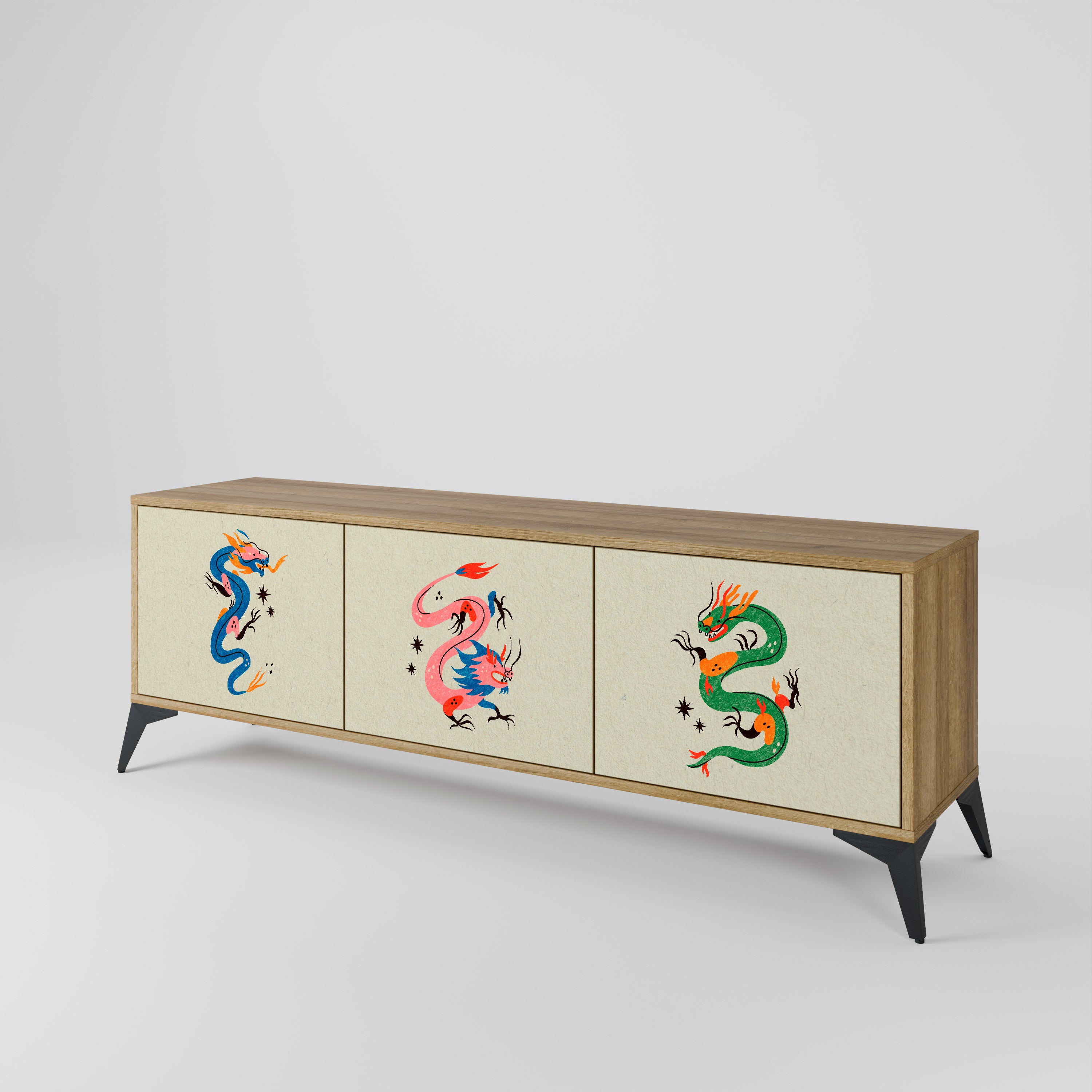 Mueble de TV de 3 puertas con efecto roble CRIATURAS MITOLÓGICAS