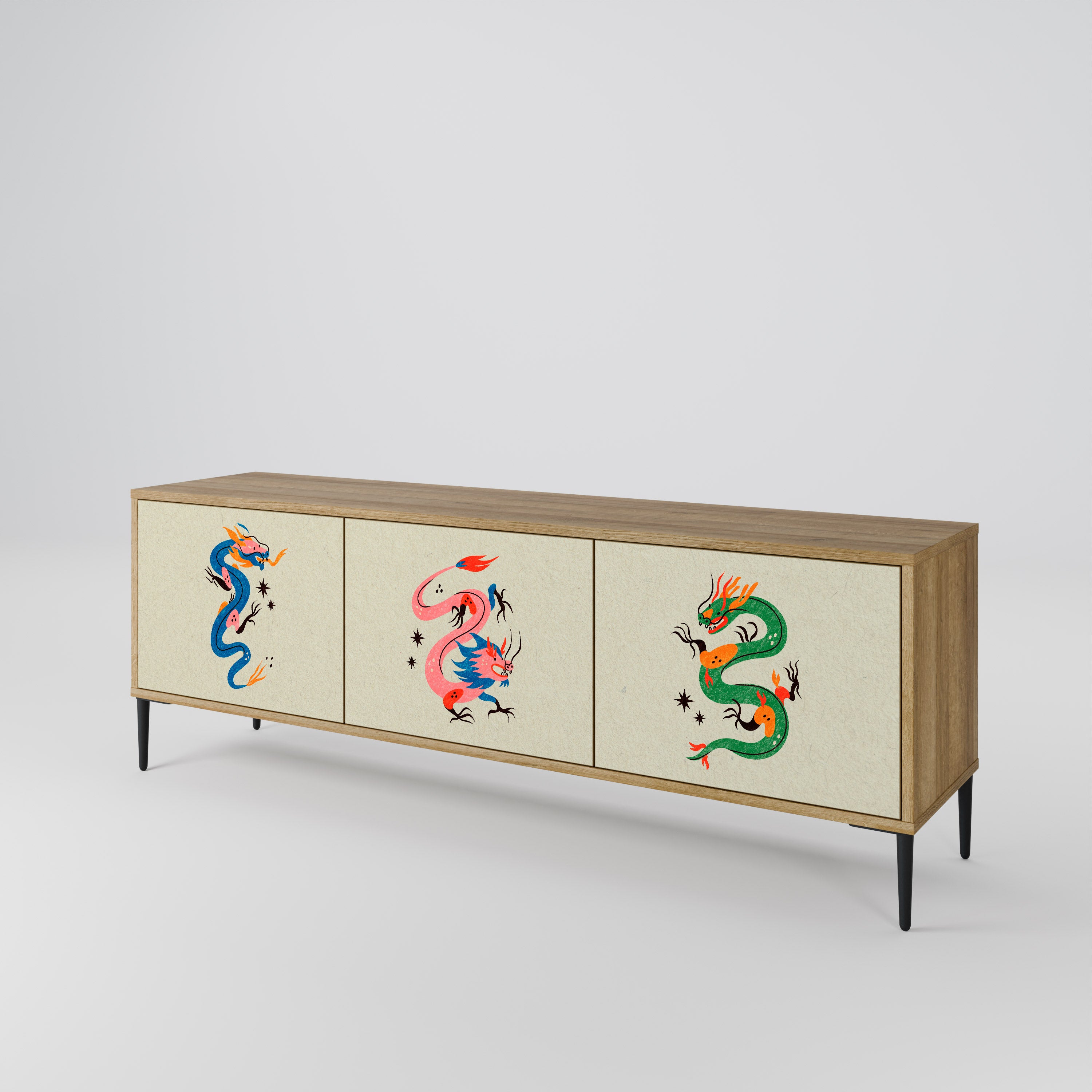 Mueble de TV de 3 puertas con efecto roble CRIATURAS MITOLÓGICAS