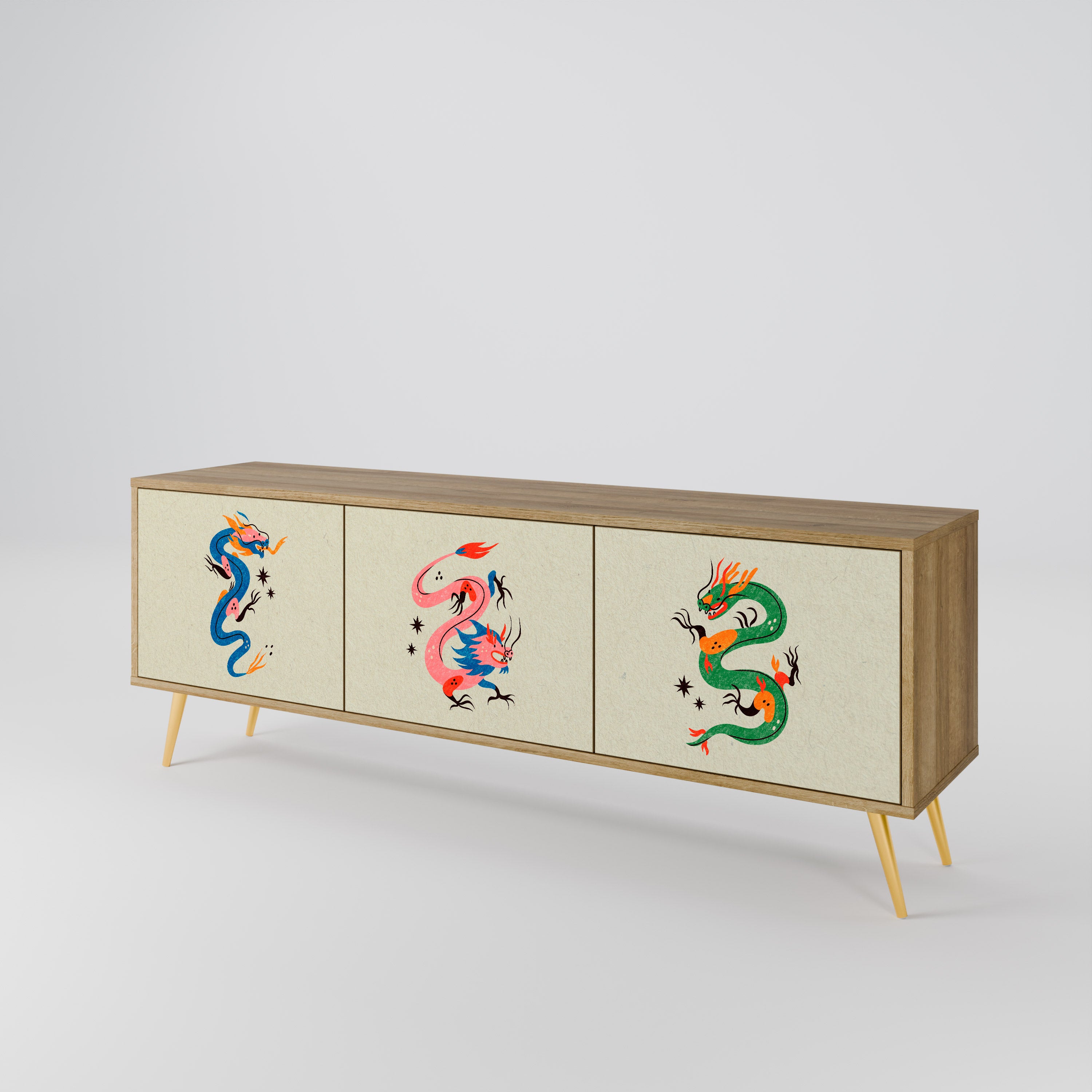 Mueble de TV de 3 puertas con efecto roble CRIATURAS MITOLÓGICAS
