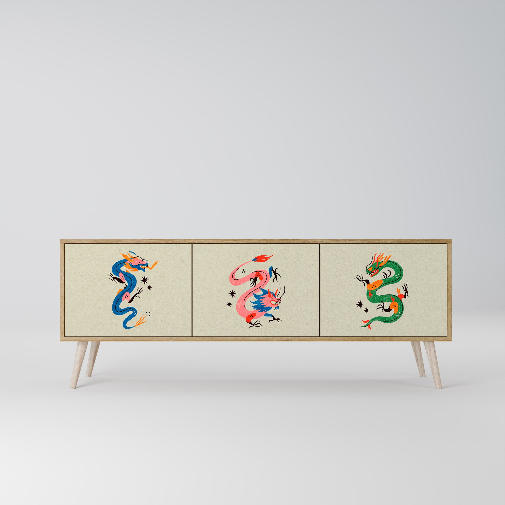 Mueble de TV de 3 puertas con efecto roble CRIATURAS MITOLÓGICAS